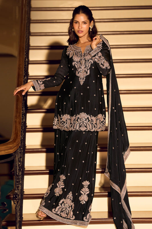 Black Readymade Embroidered Chinon Silk Suit-SAR11496_1_SareeButa.com
