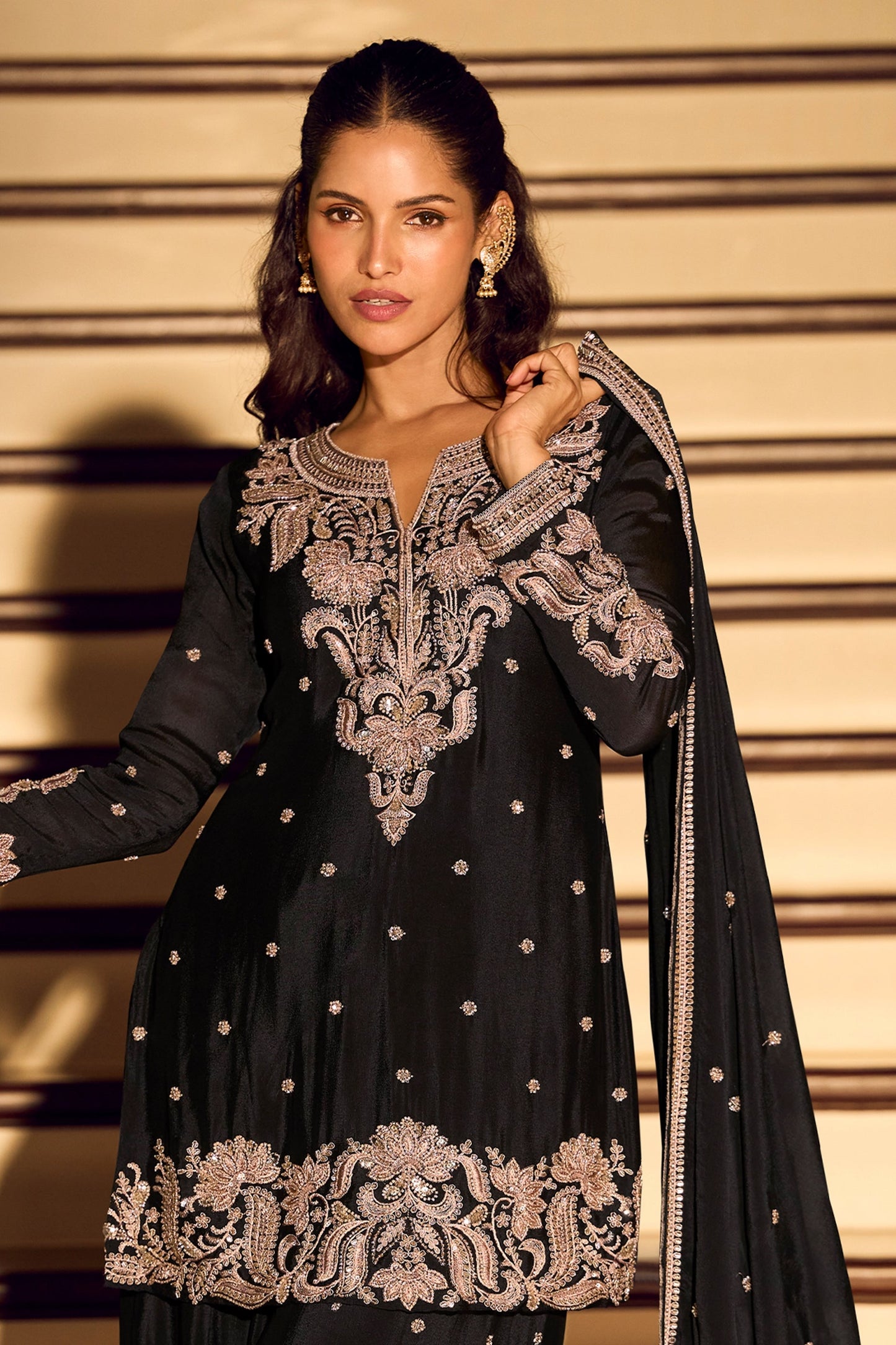 Black Readymade Embroidered Chinon Silk Suit-SAR11496_4_SareeButa.com