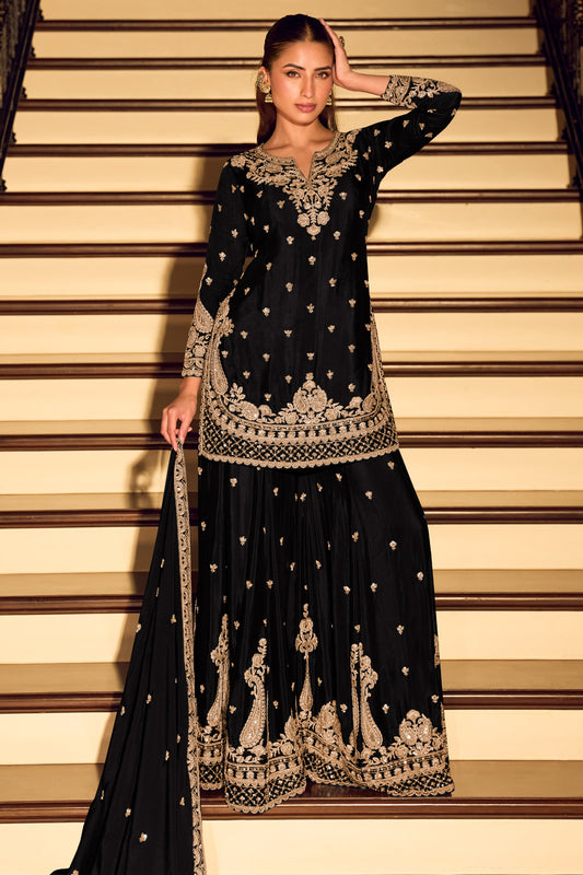 Black Readymade Embroidered Chinon Silk Suit-SAR11572_1_SareeButa.com