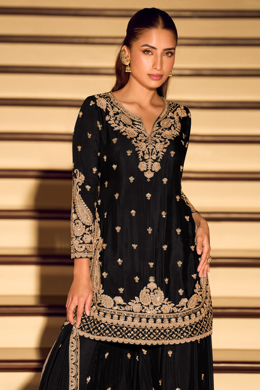 Black Readymade Embroidered Chinon Silk Suit-SAR11572_2_SareeButa.com