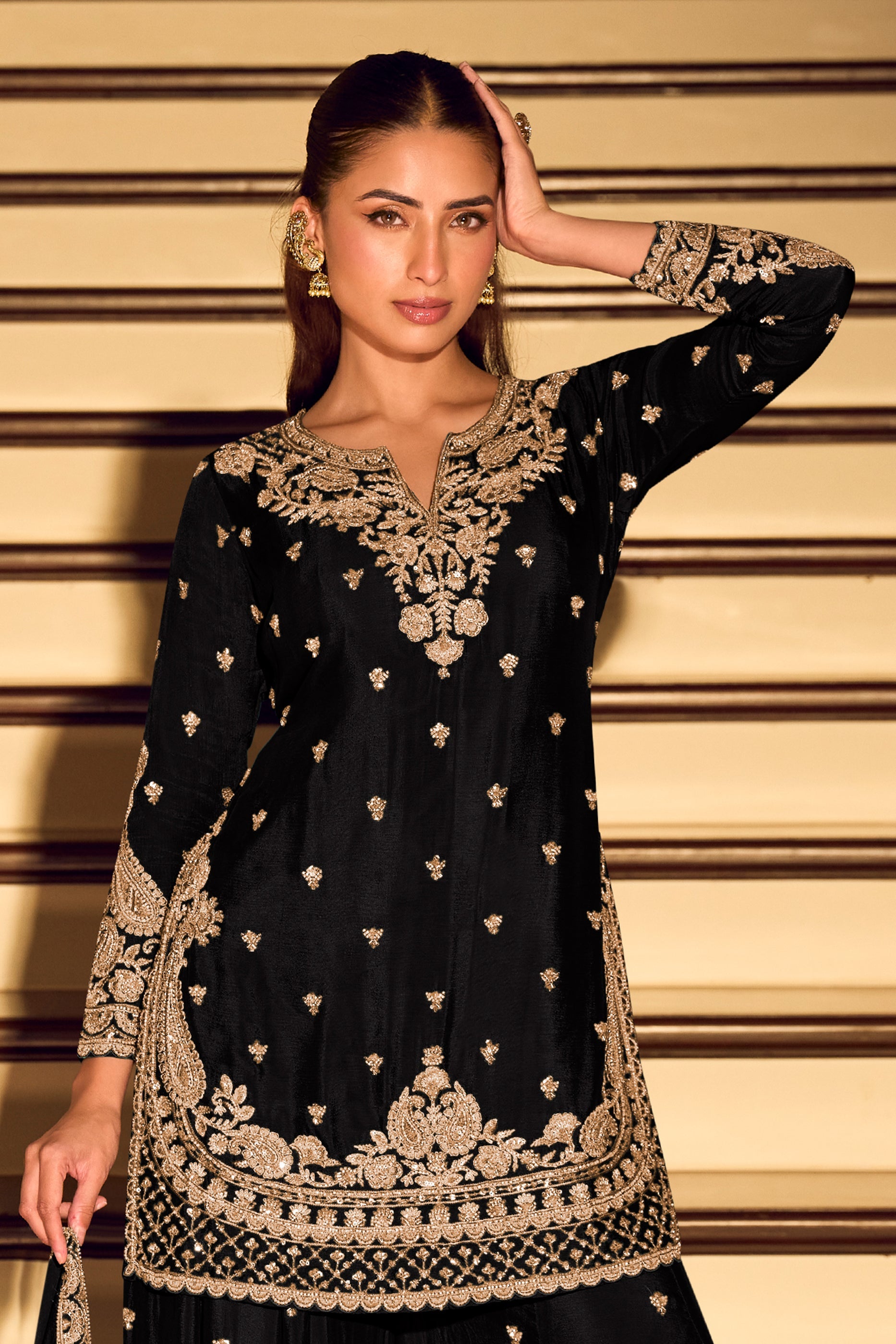Black Readymade Embroidered Chinon Silk Suit-SAR11572_3_SareeButa.com