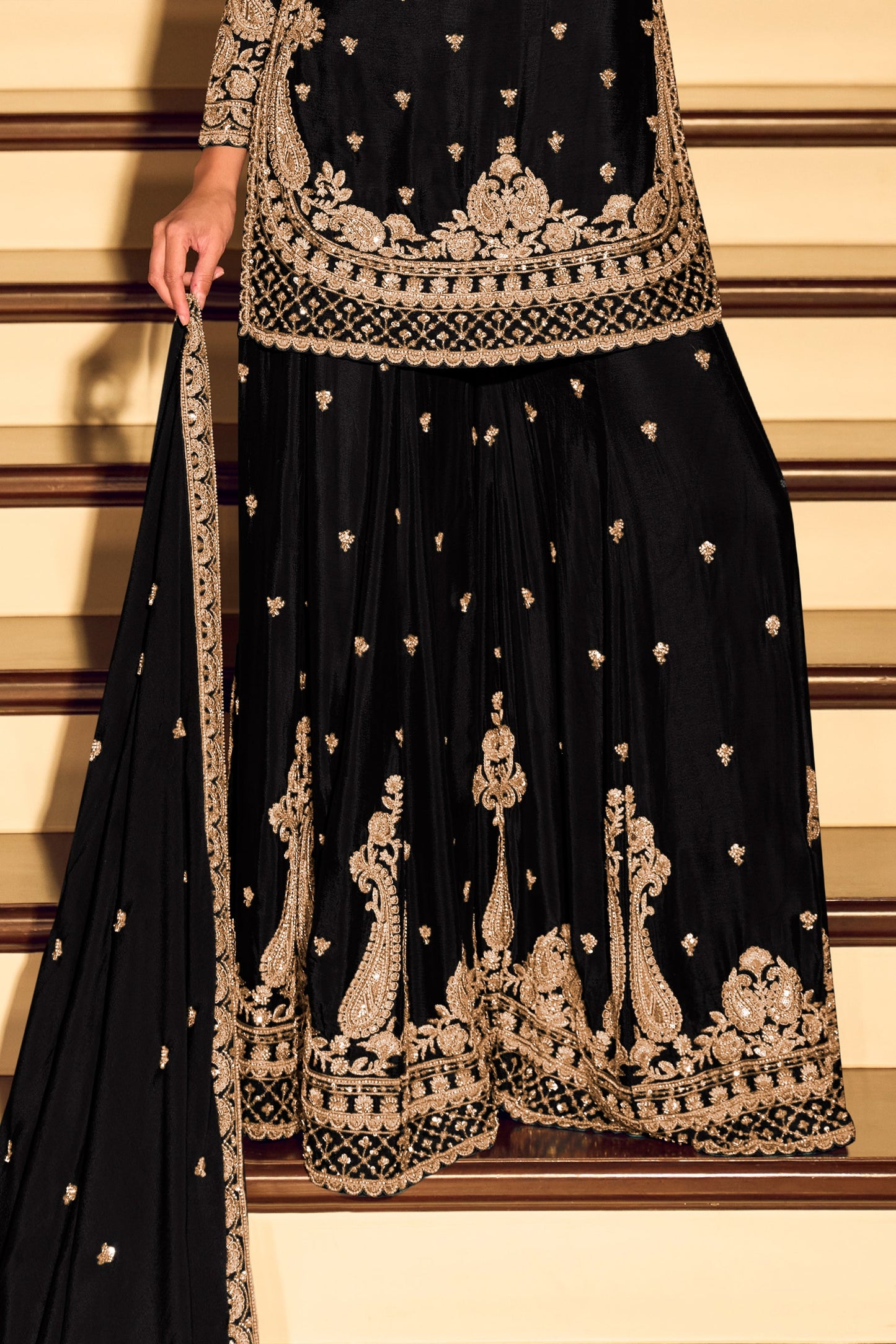 Black Readymade Embroidered Chinon Silk Suit-SAR11572_4_SareeButa.com