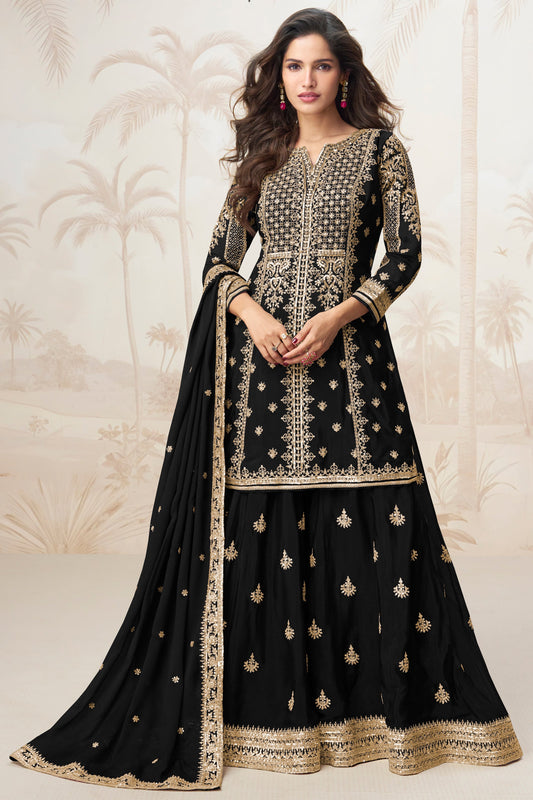 Black Readymade Embroidered Chinon Silk Suit-SS376_1_SareeButa.com