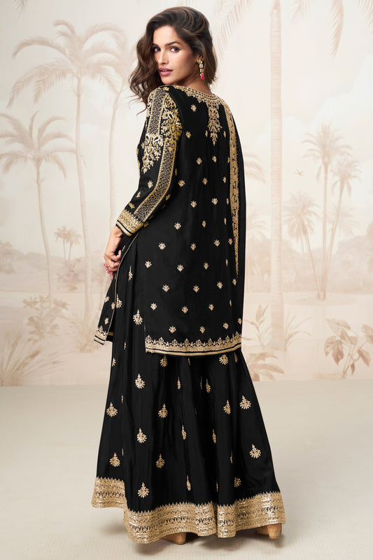 Black Readymade Embroidered Chinon Silk Suit-SS376_2_SareeButa.com