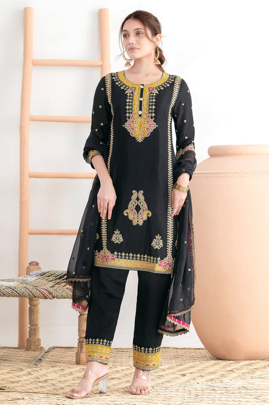 Black Readymade Embroidered Chinon Suit-SAR11530_1_SareeButa.com