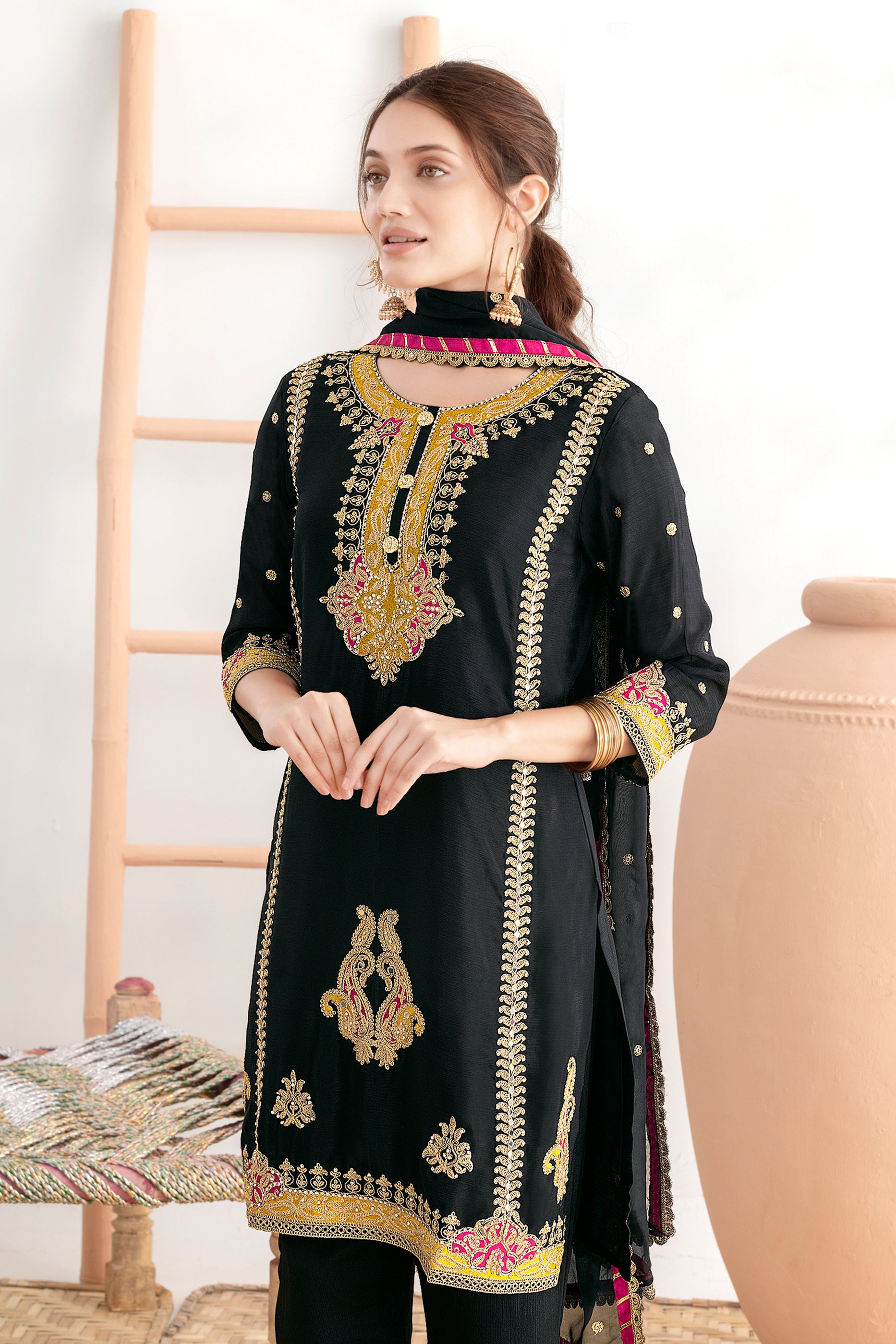 Black Readymade Embroidered Chinon Suit-SAR11530_4_SareeButa.com