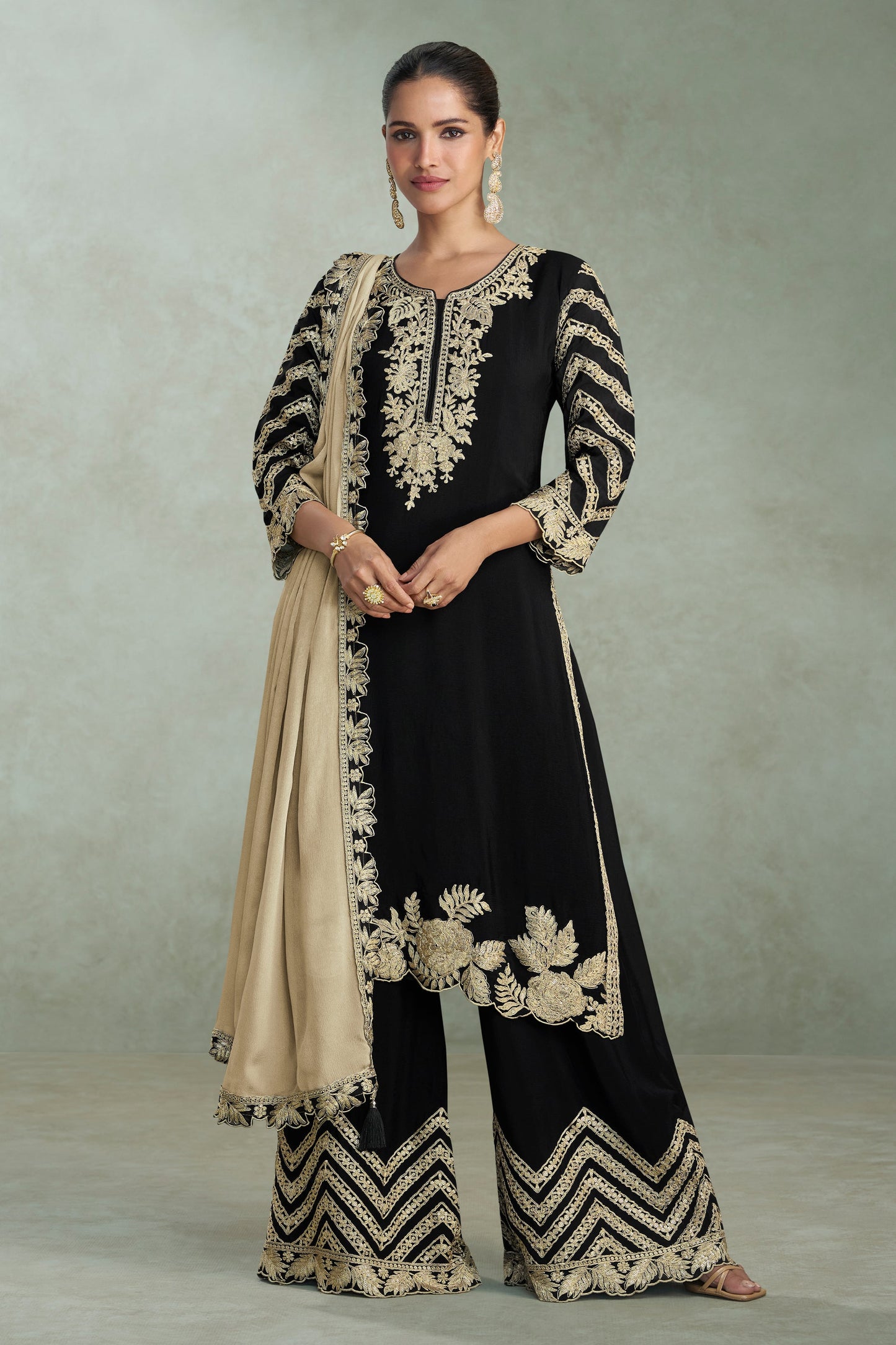 Black Readymade Embroidered Chinon Suit-SAR11532_1_SareeButa.com