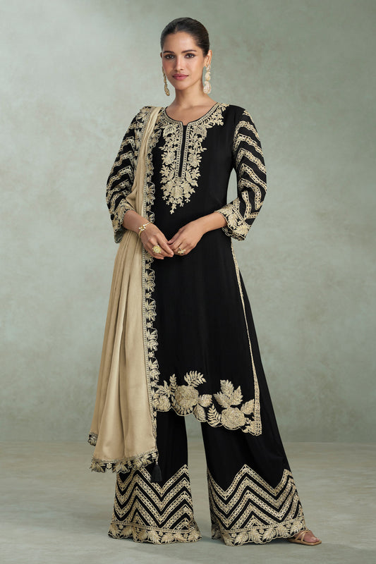 Black Readymade Embroidered Chinon Suit-SAR11532_1_SareeButa.com
