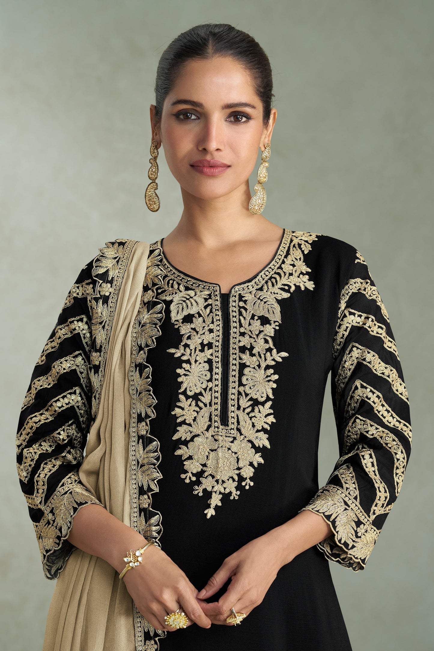 Black Readymade Embroidered Chinon Suit-SAR11532_3_SareeButa.com