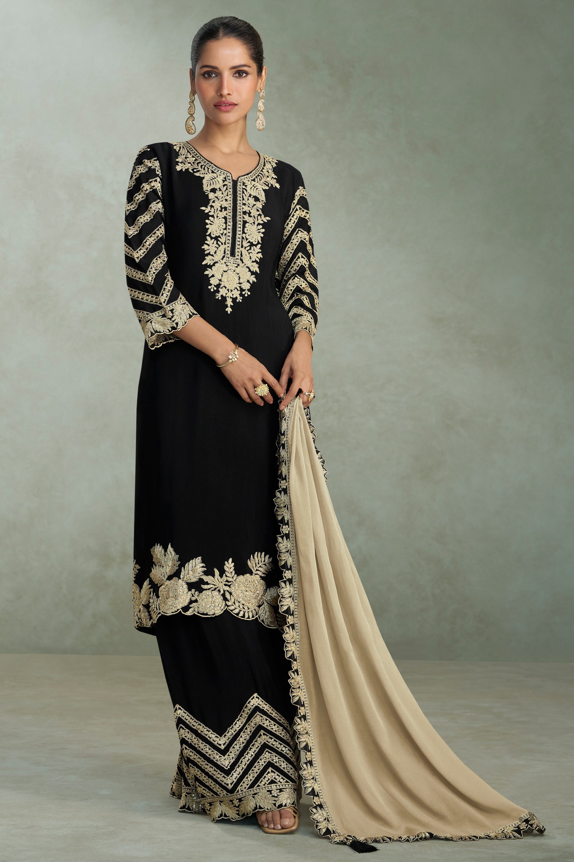 Black Readymade Embroidered Chinon Suit-SAR11532_4_SareeButa.com