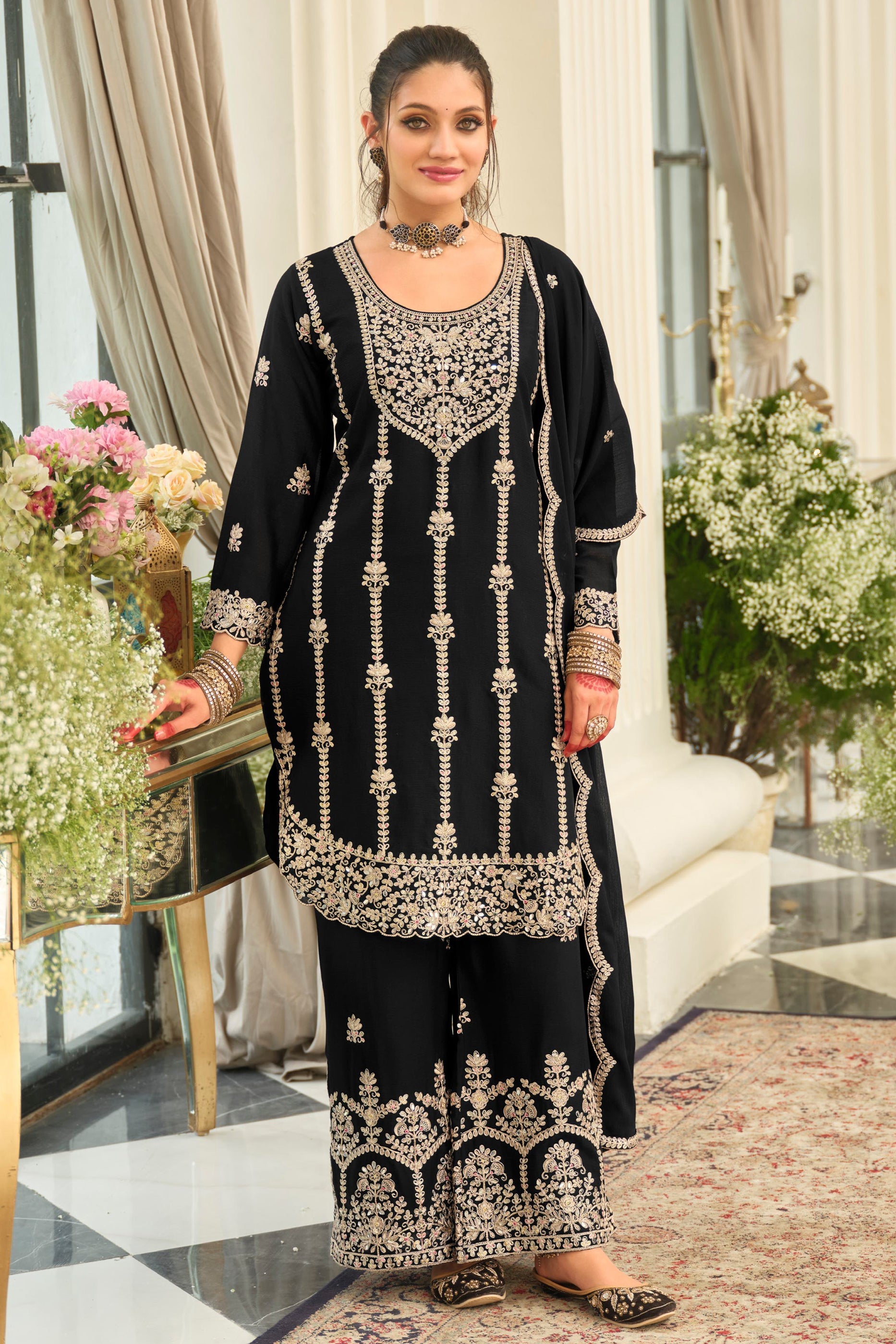 Black Readymade Embroidered Chinon Suit-SAR12000_1_SareeButa.com