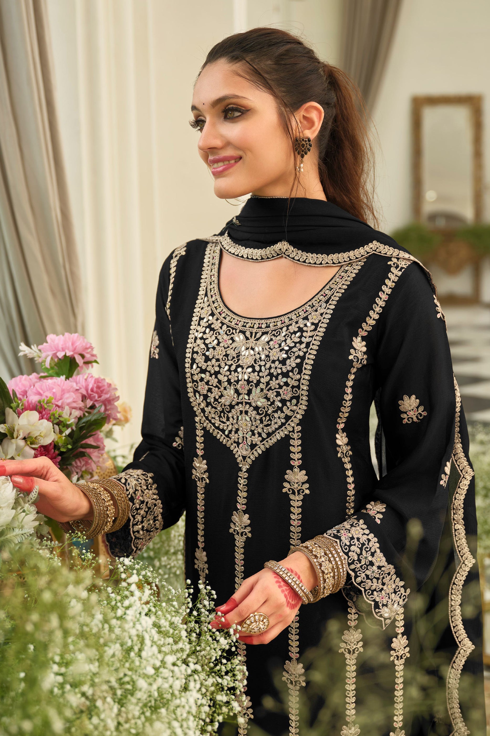 Black Readymade Embroidered Chinon Suit-SAR12000_2_SareeButa.com