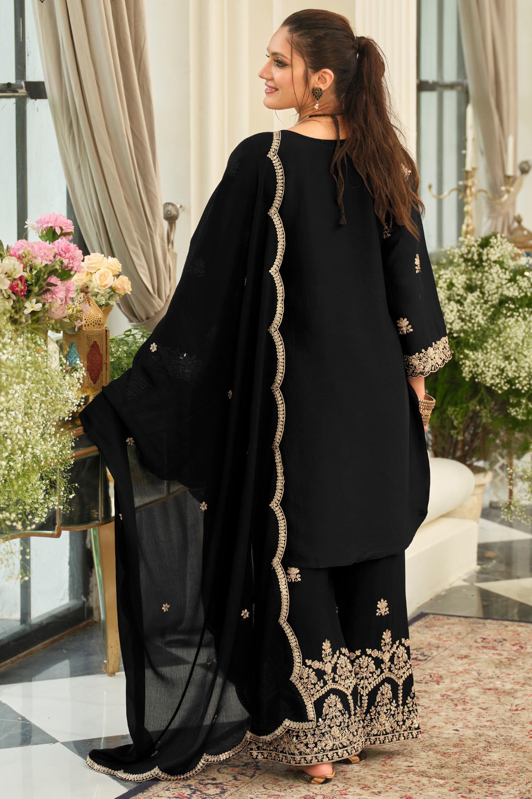 Black Readymade Embroidered Chinon Suit-SAR12000_4_SareeButa.com