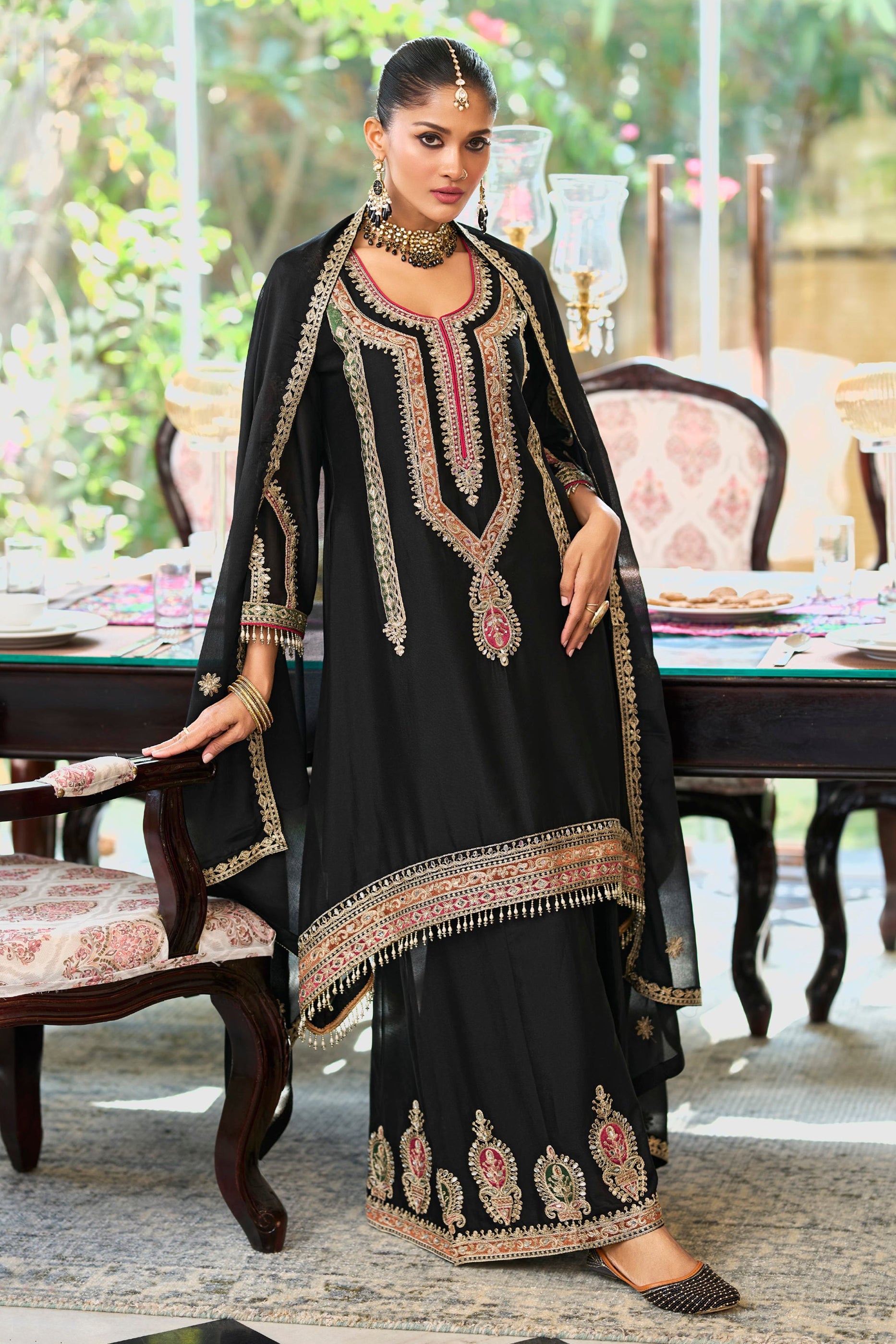 Black Readymade Embroidered Chinon Suit-SAR12005_1_SareeButa.com
