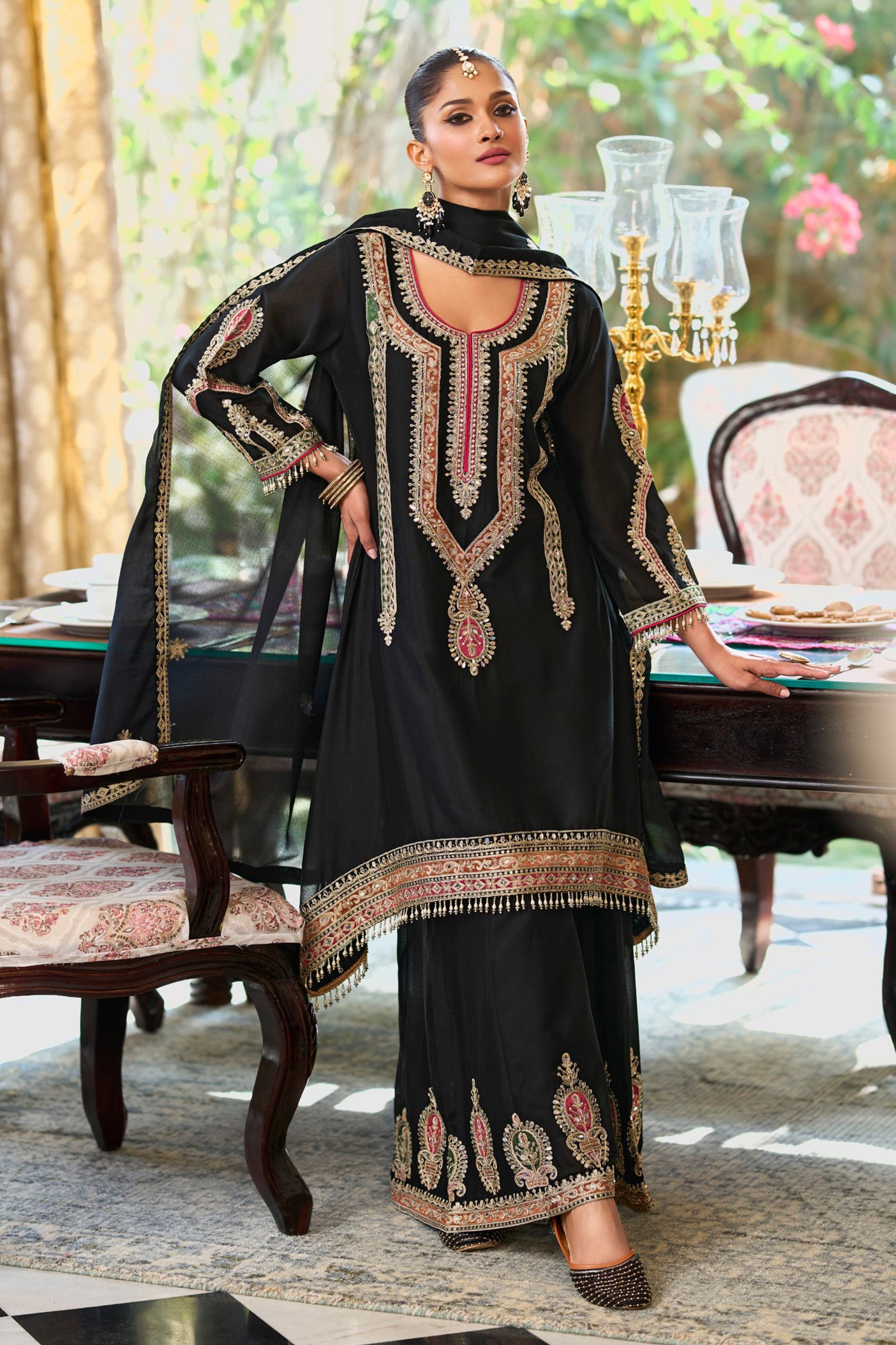 Black Readymade Embroidered Chinon Suit-SAR12005_3_SareeButa.com