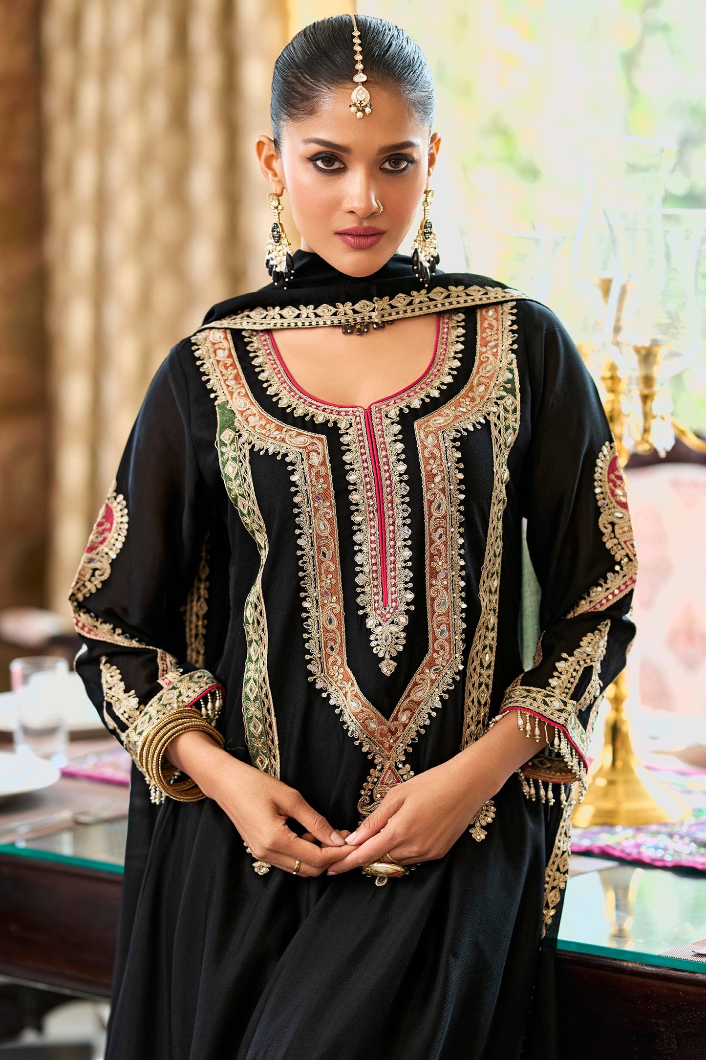 Black Readymade Embroidered Chinon Suit-SAR12005_4_SareeButa.com