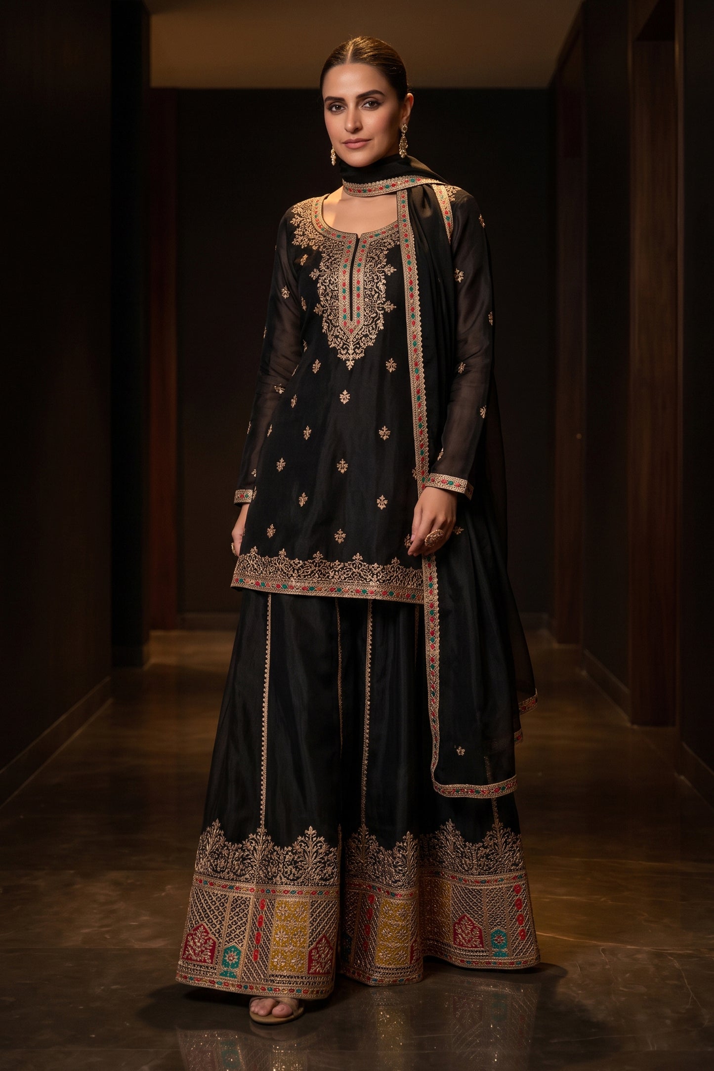 Black Readymade Embroidered Chinon Suit-SAR12986_1_SareeButa.com