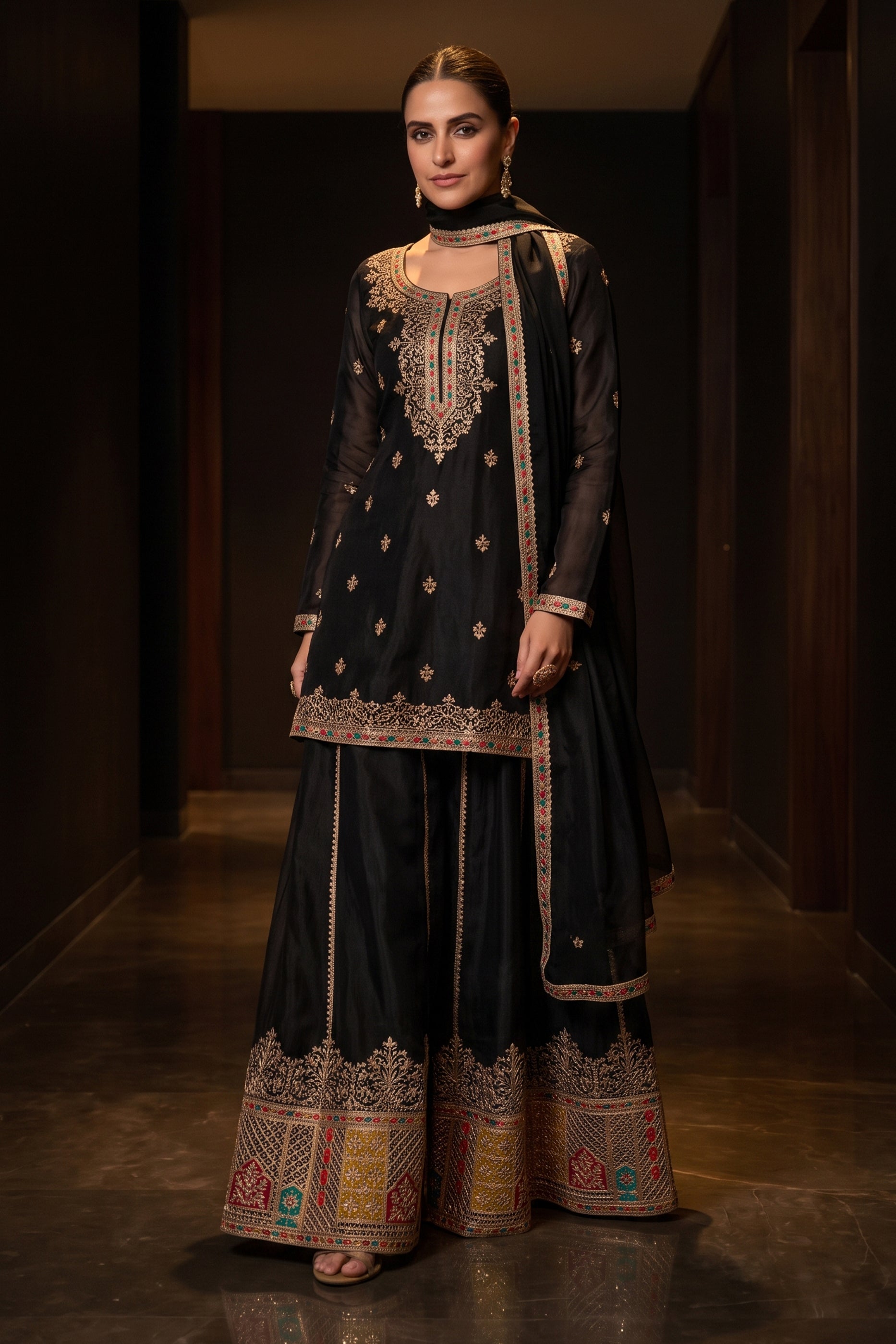 Black Readymade Embroidered Chinon Suit-SAR12986_1_SareeButa.com