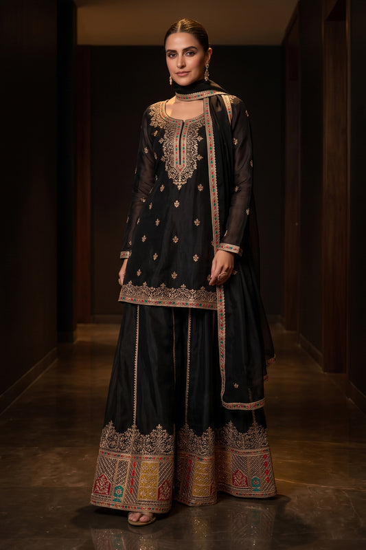 Black Readymade Embroidered Chinon Suit-SAR12986_1_SareeButa.com