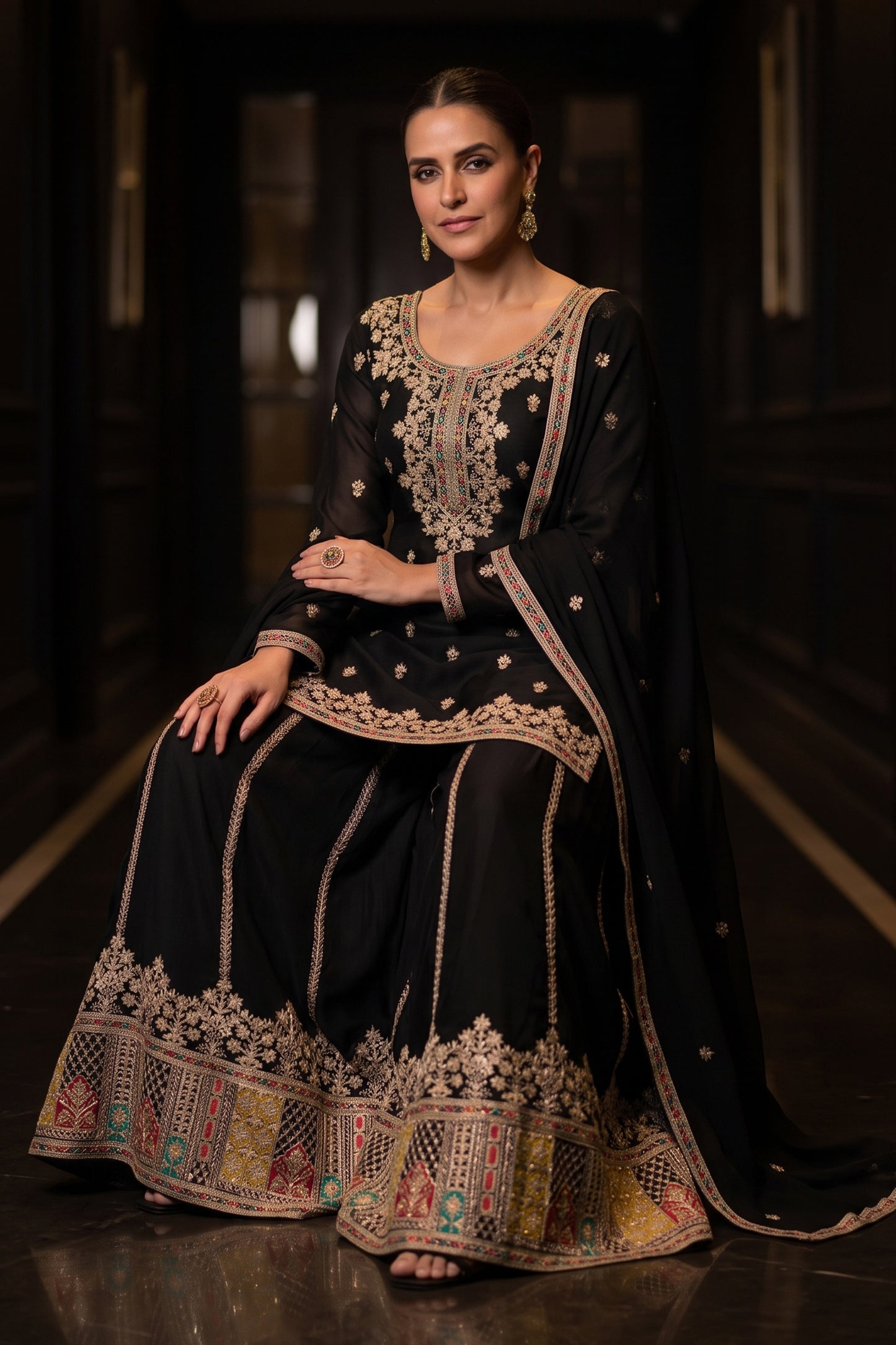 Black Readymade Embroidered Chinon Suit-SAR12986_2_SareeButa.com