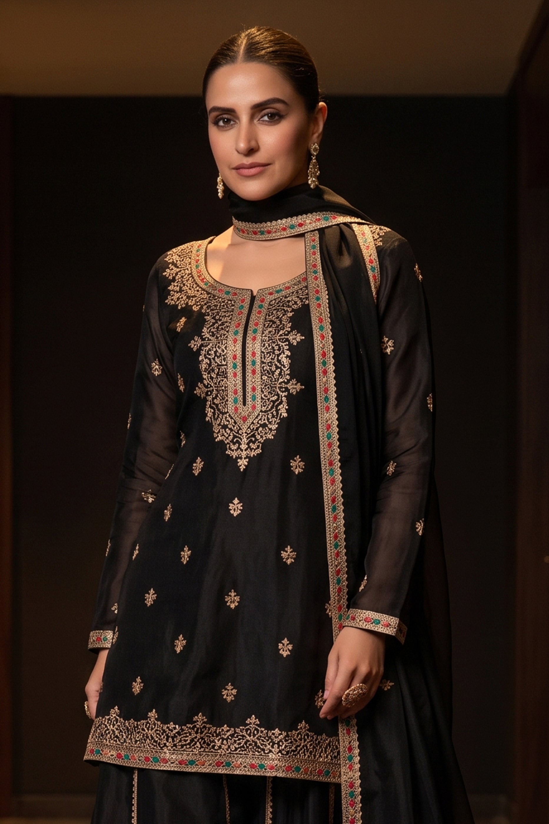 Black Readymade Embroidered Chinon Suit-SAR12986_7_SareeButa.com