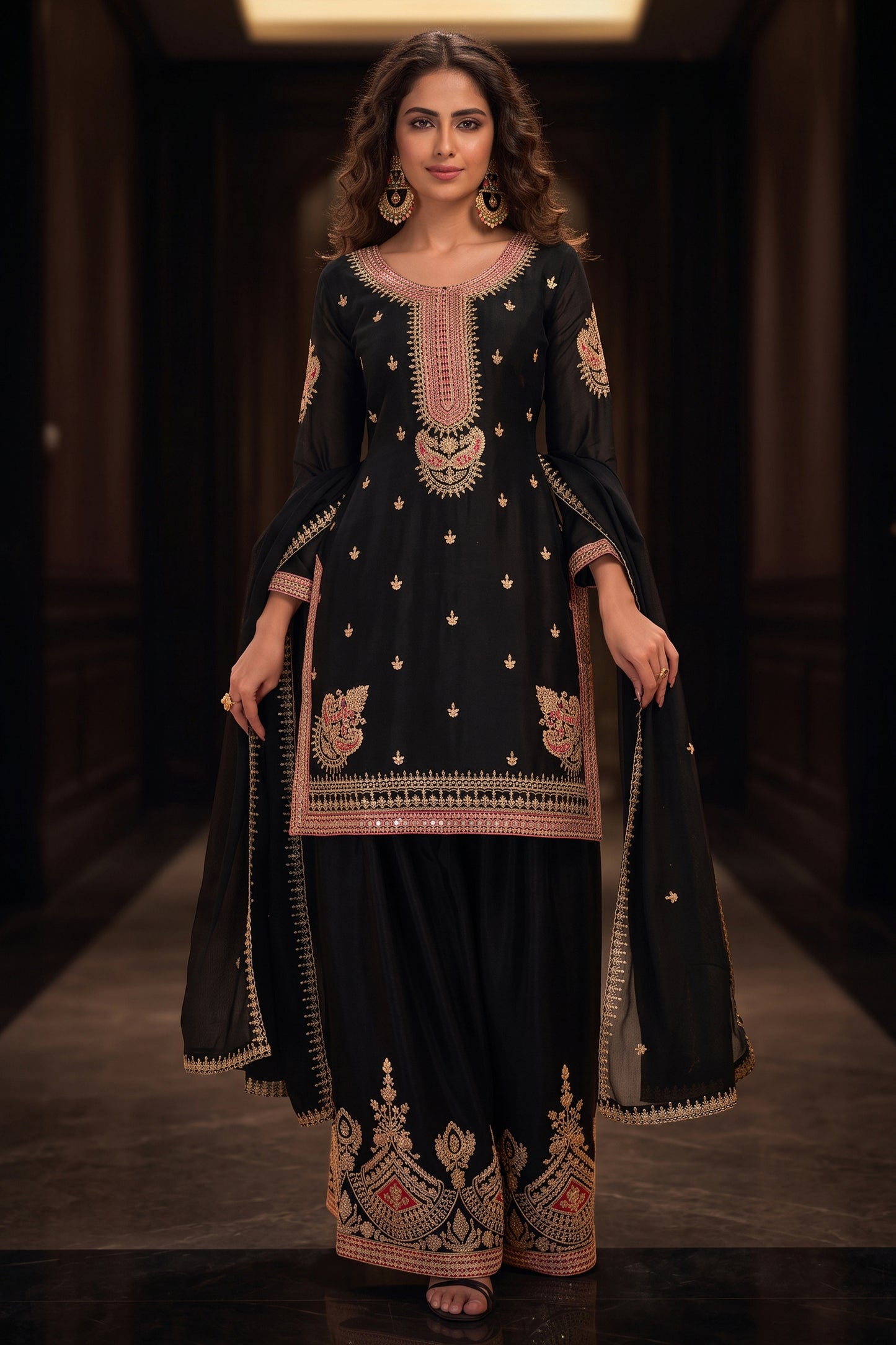 Black Readymade Embroidered Chinon Suit-SAR12989_1_SareeButa.com