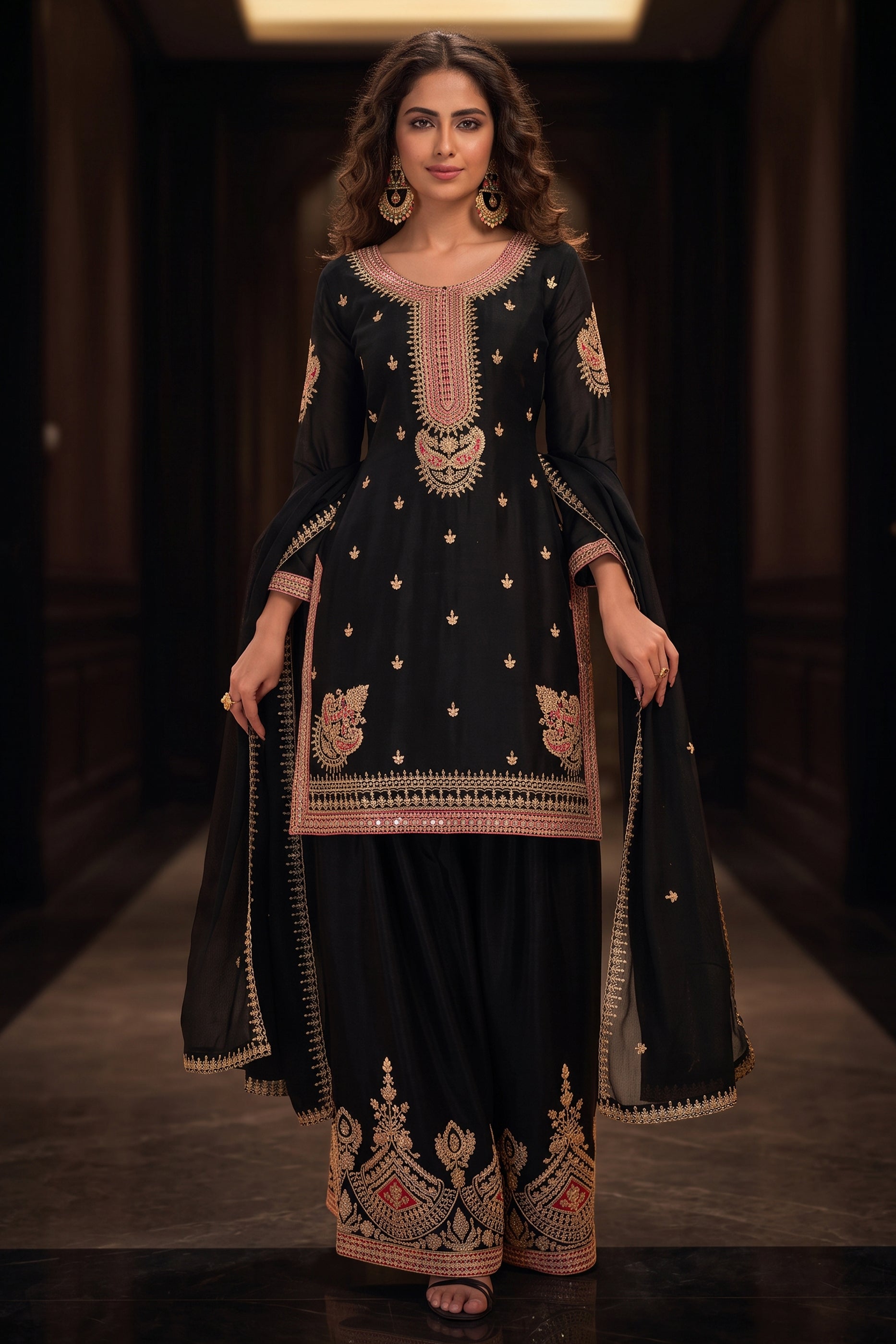 Black Readymade Embroidered Chinon Suit-SAR12989_1_SareeButa.com