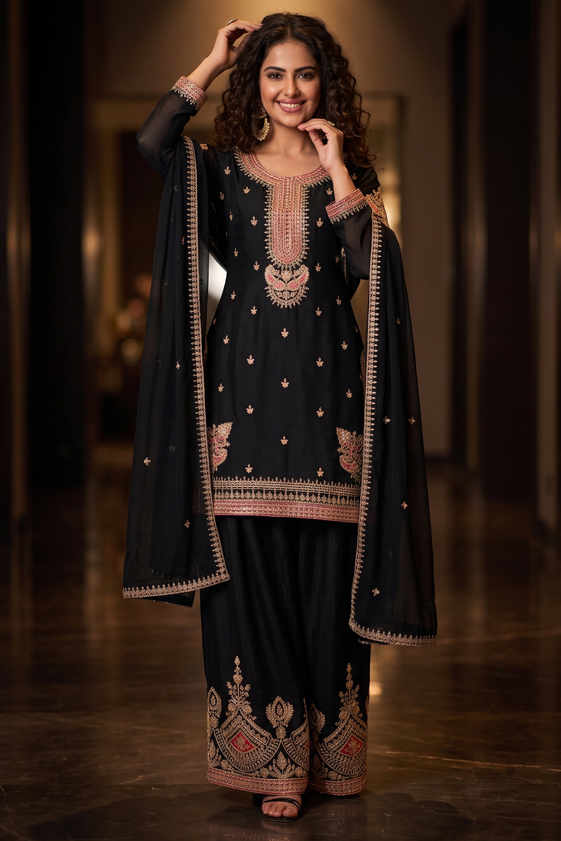 Black Readymade Embroidered Chinon Suit-SAR12989_2_SareeButa.com