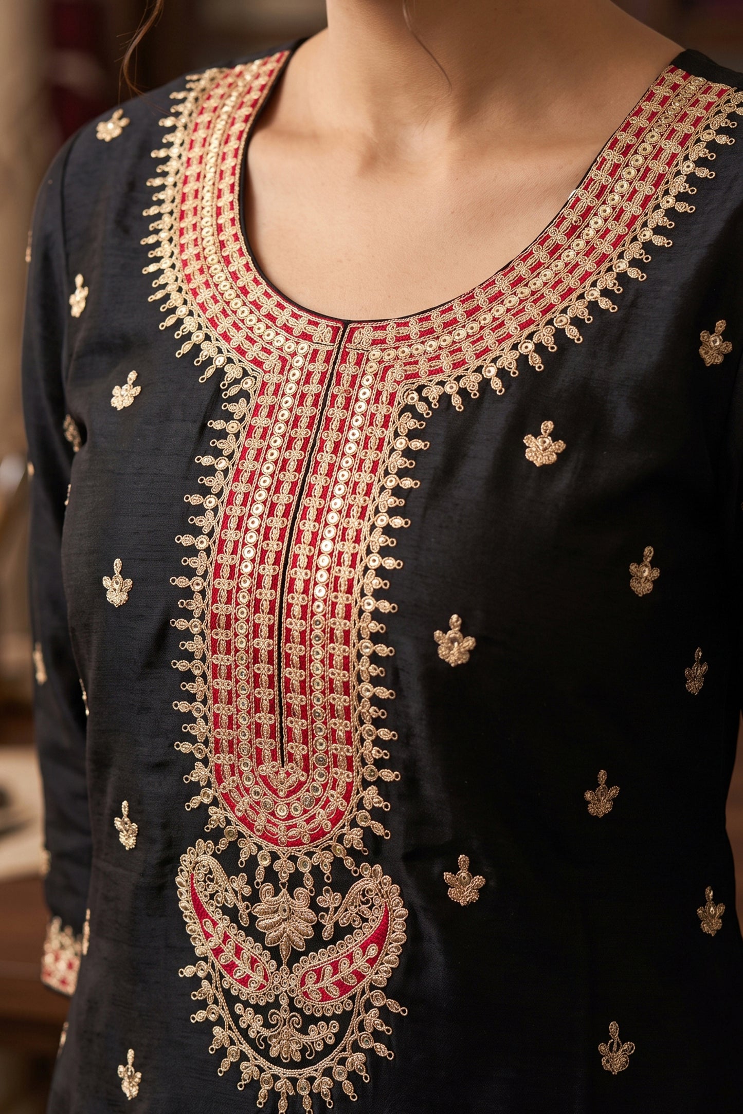 Black Readymade Embroidered Chinon Suit-SAR12989_3_SareeButa.com