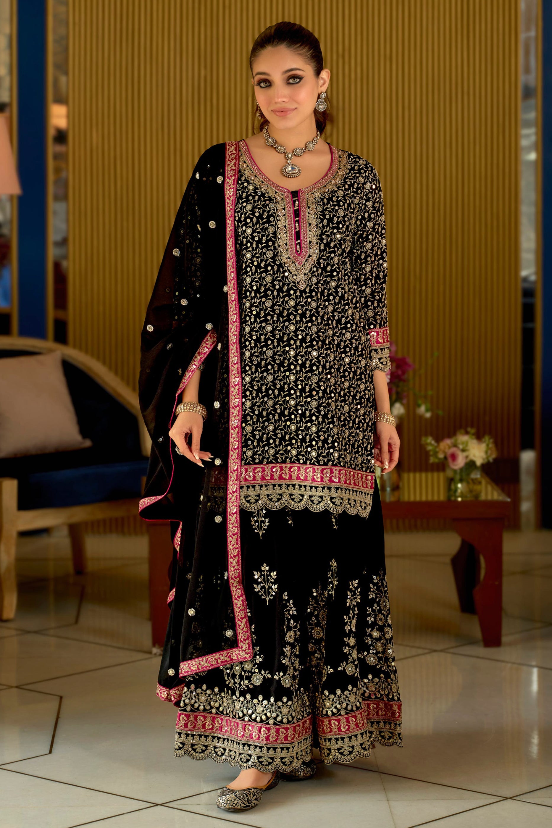 Black Readymade Embroidered Geogette Sharara Suit-SAR12056_1_SareeButa.com