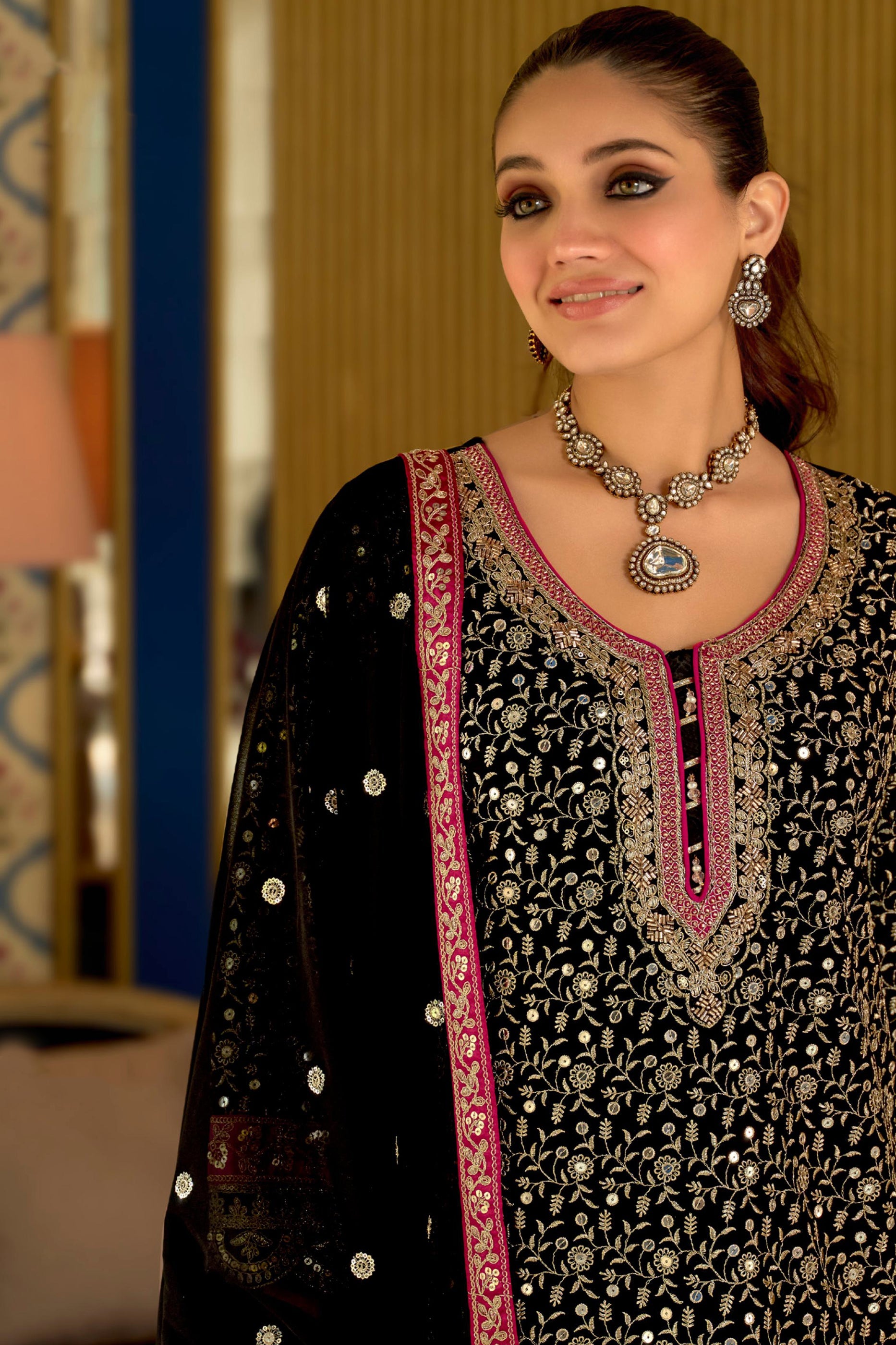 Black Readymade Embroidered Geogette Sharara Suit-SAR12056_2_SareeButa.com