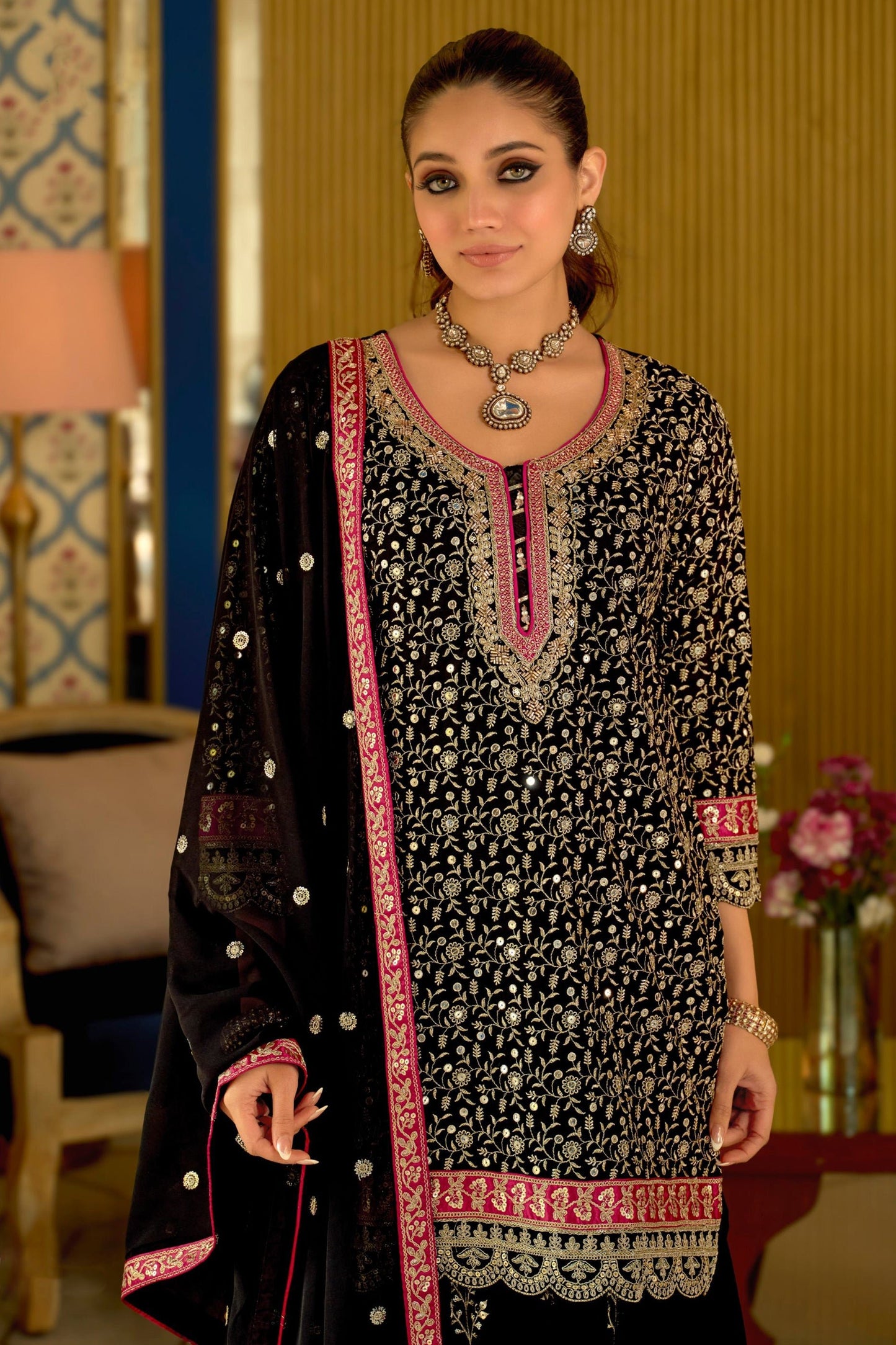 Black Readymade Embroidered Geogette Sharara Suit-SAR12056_3_SareeButa.com