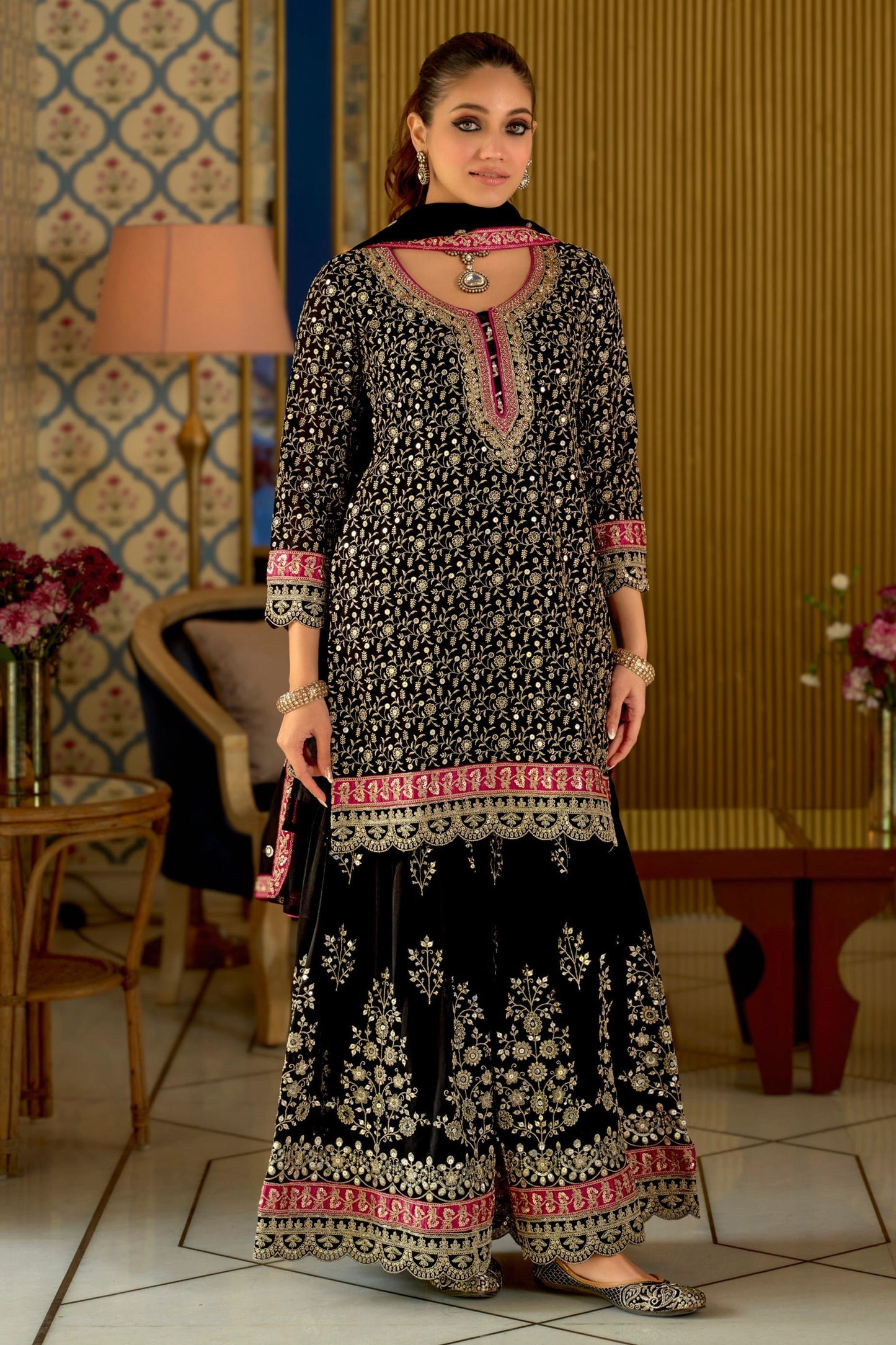 Black Readymade Embroidered Geogette Sharara Suit-SAR12056_4_SareeButa.com