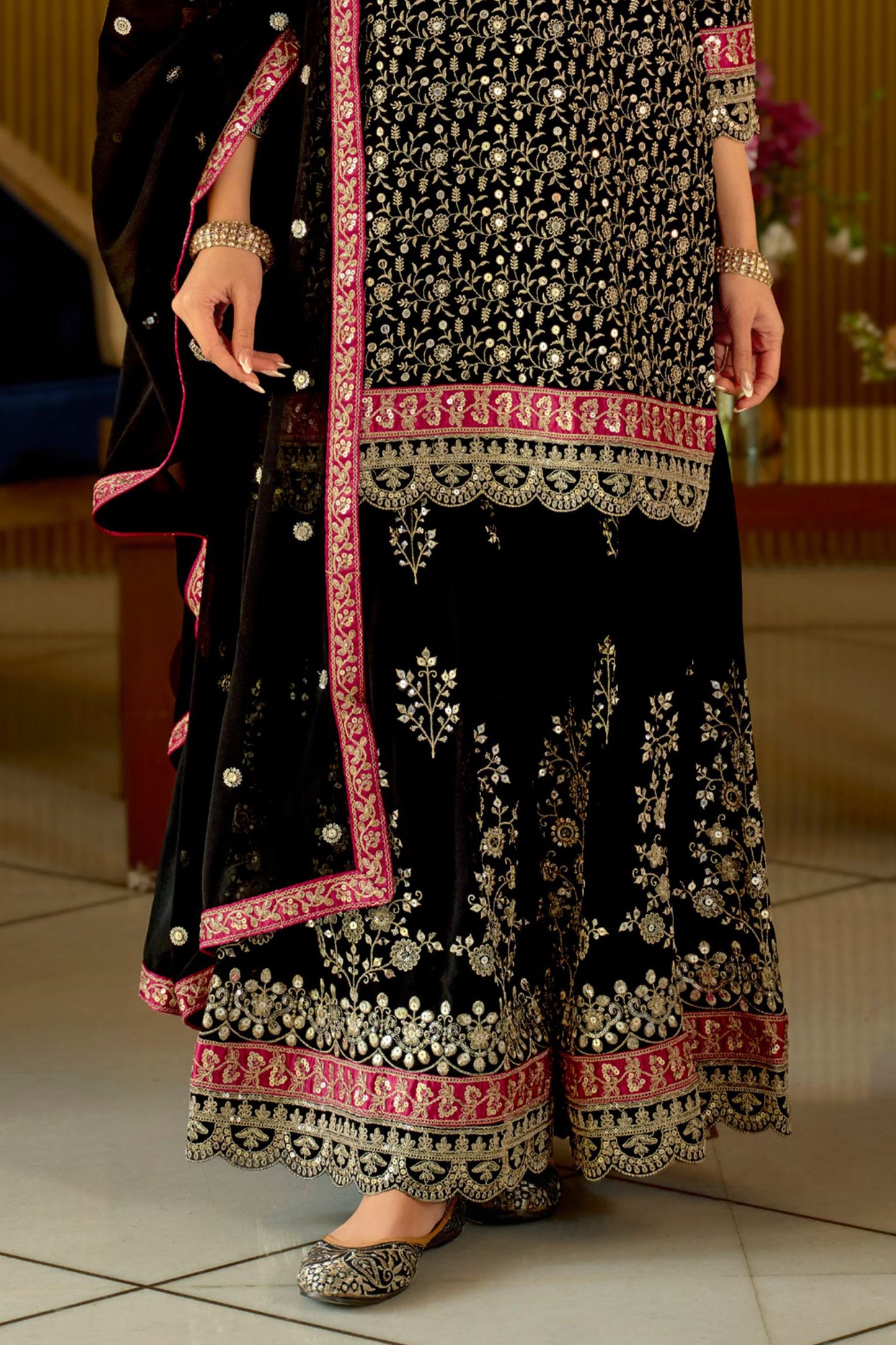 Black Readymade Embroidered Geogette Sharara Suit-SAR12056_5_SareeButa.com