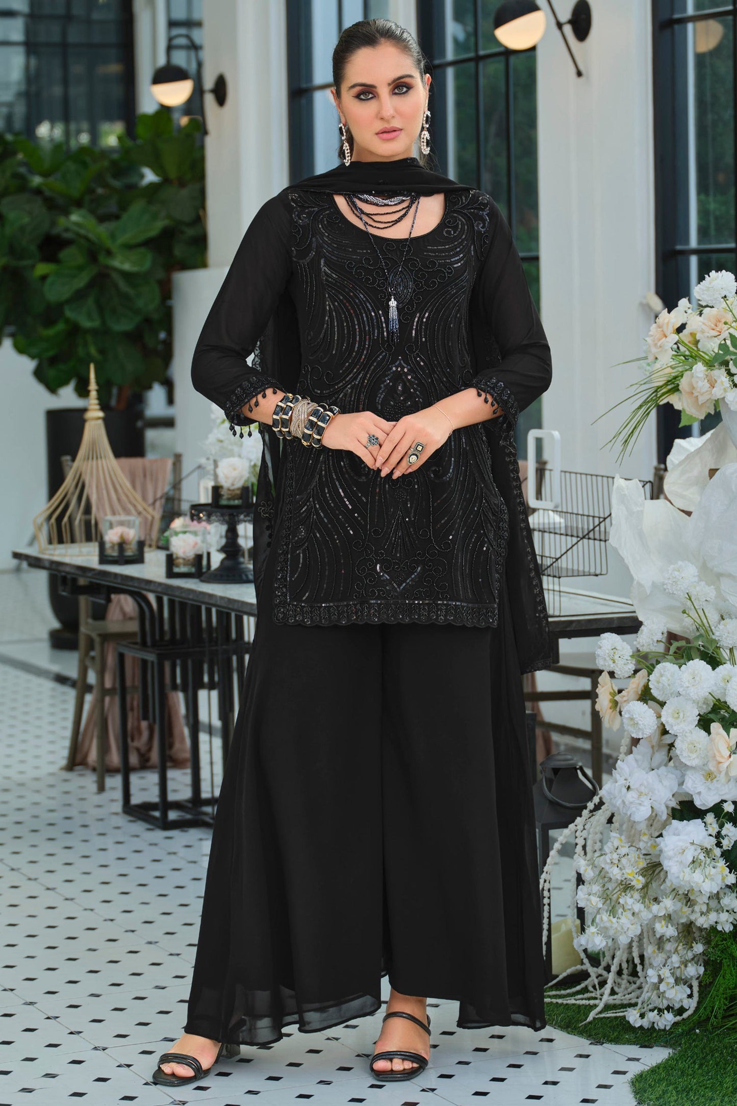 Black Readymade Embroidered Georgette Palazzo Suit-SAR11731_1_SareeButa.com
