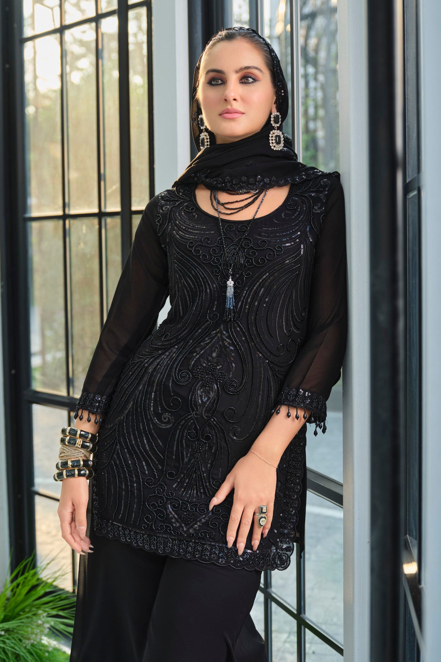 Black Readymade Embroidered Georgette Palazzo Suit-SAR11731_2_SareeButa.com