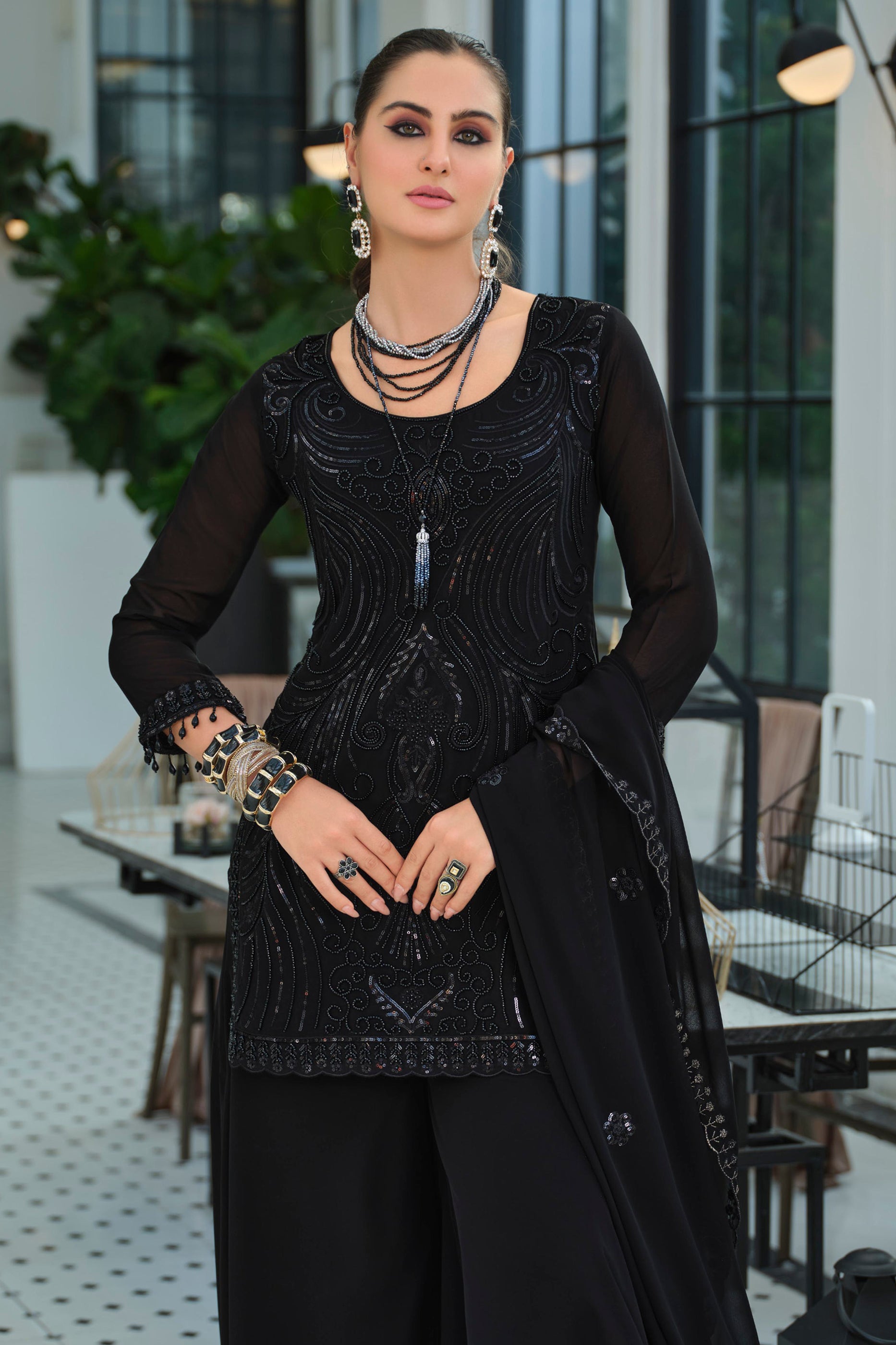 Black Readymade Embroidered Georgette Palazzo Suit-SAR11731_3_SareeButa.com