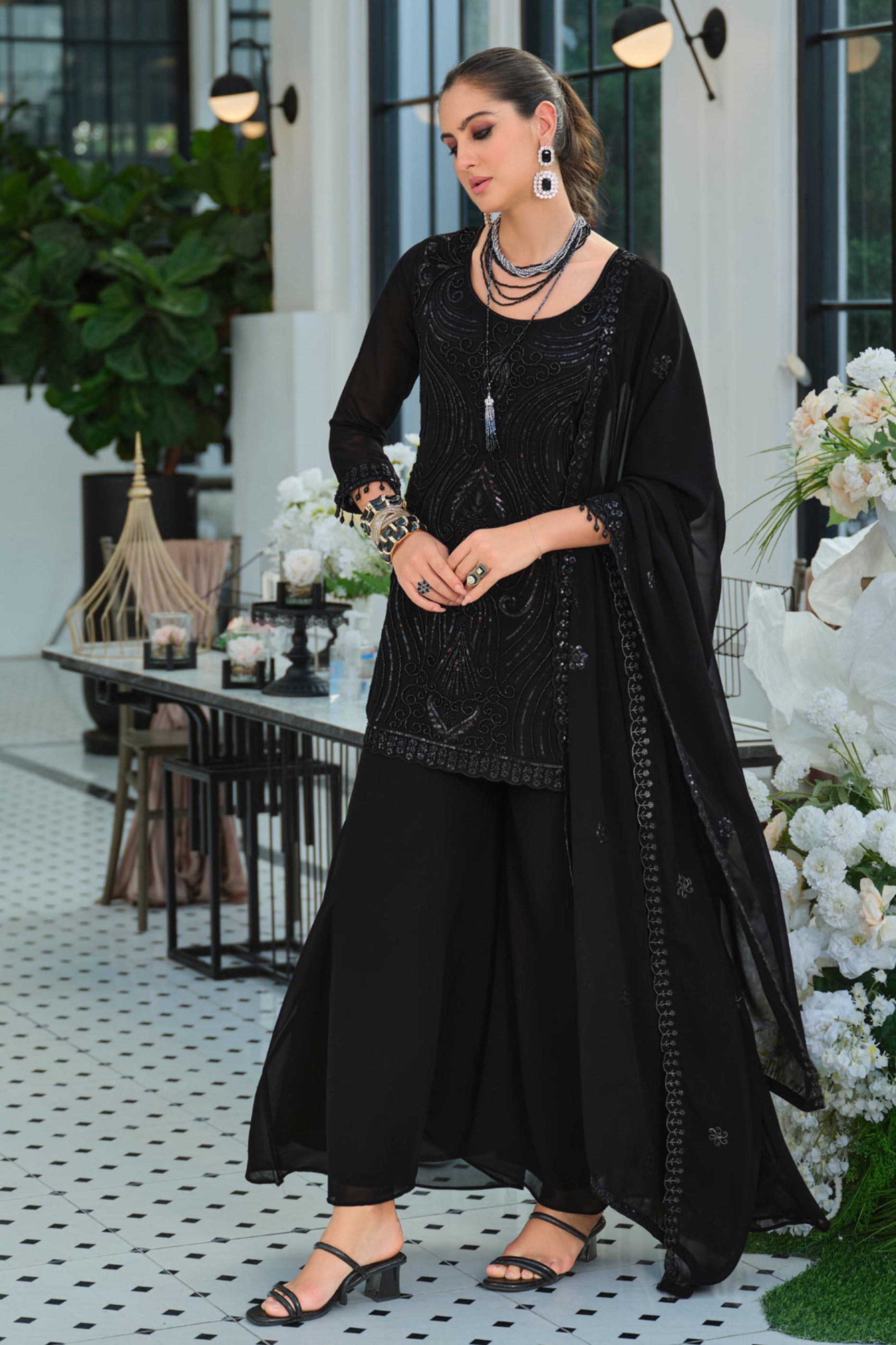 Black Readymade Embroidered Georgette Palazzo Suit-SAR11731_4_SareeButa.com