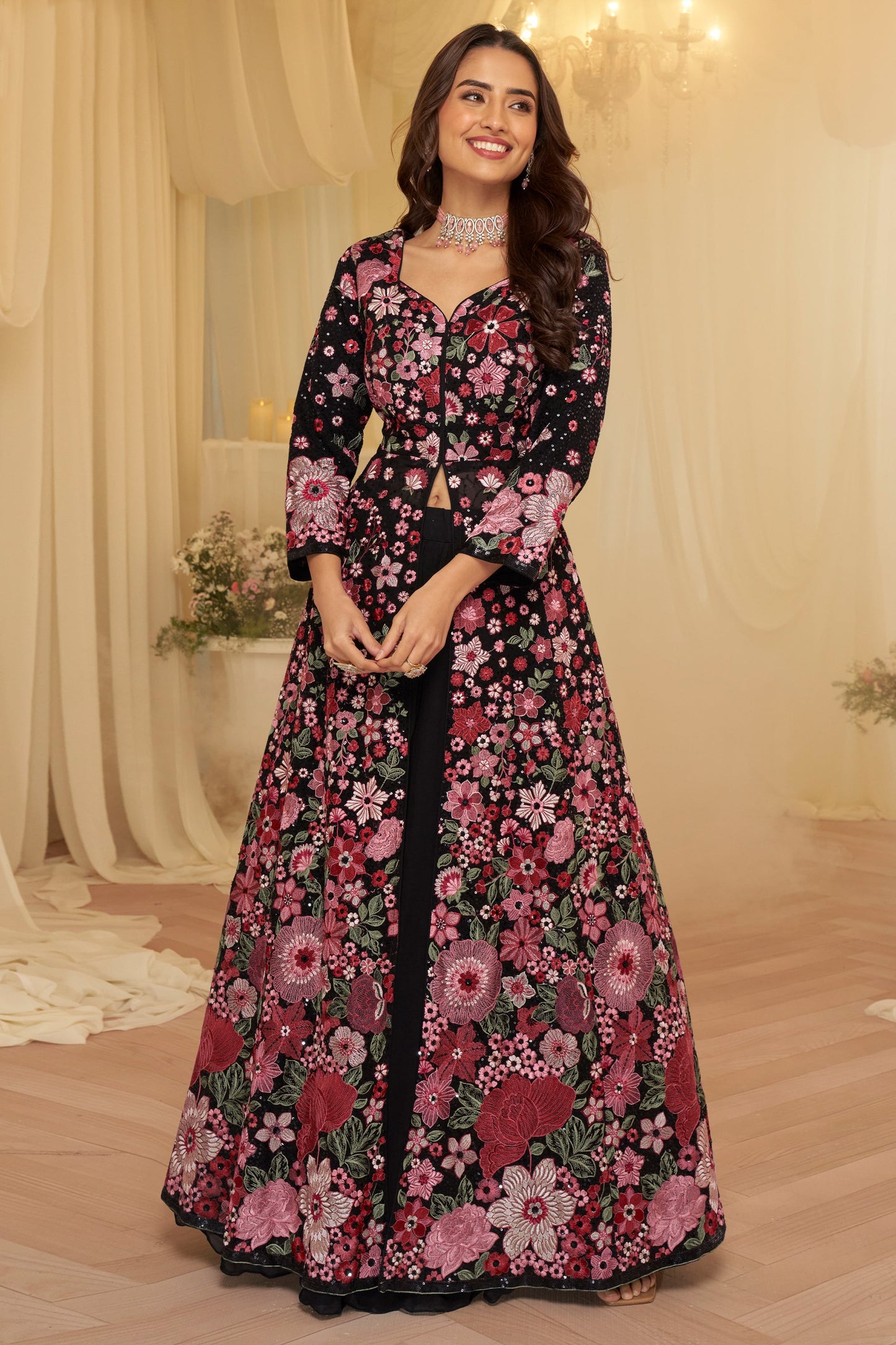 Black Readymade Embroidered Georgette Skirt Suit-SAR11682_1_SareeButa.com