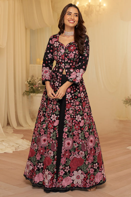 Black Readymade Embroidered Georgette Skirt Suit-SAR11682_1_SareeButa.com
