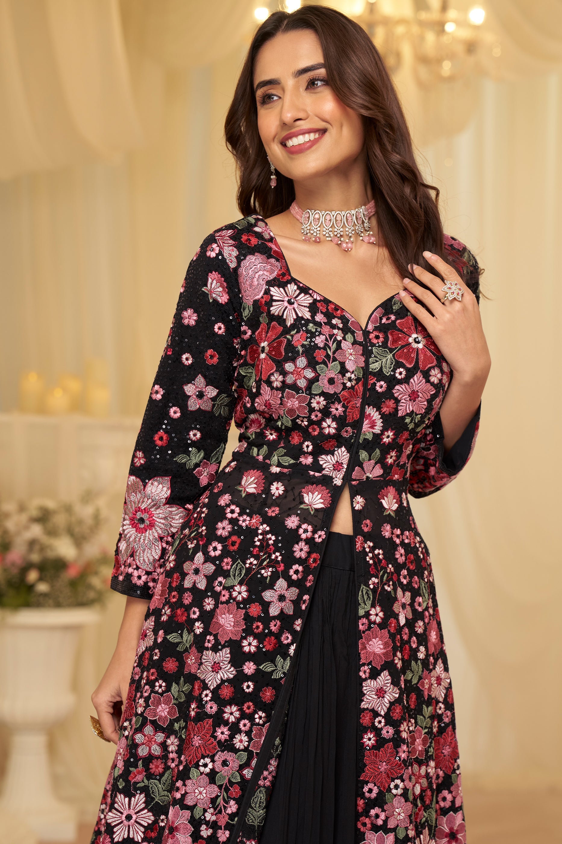 Black Readymade Embroidered Georgette Skirt Suit-SAR11682_3_SareeButa.com