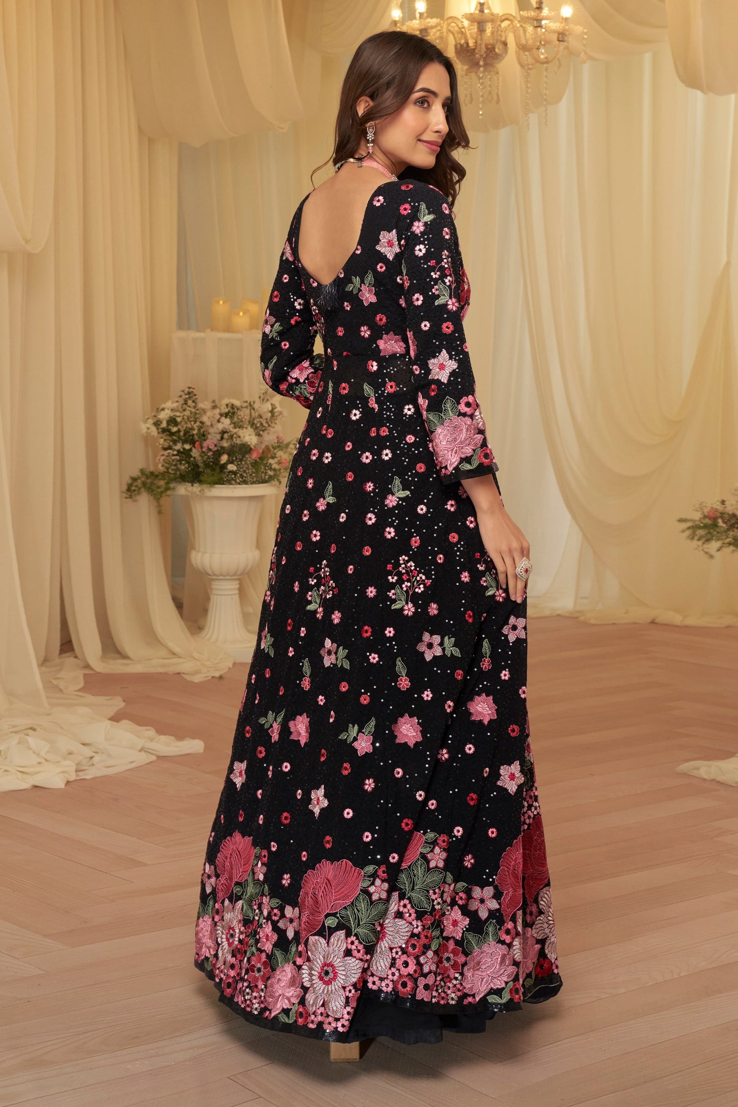 Black Readymade Embroidered Georgette Skirt Suit-SAR11682_4_SareeButa.com