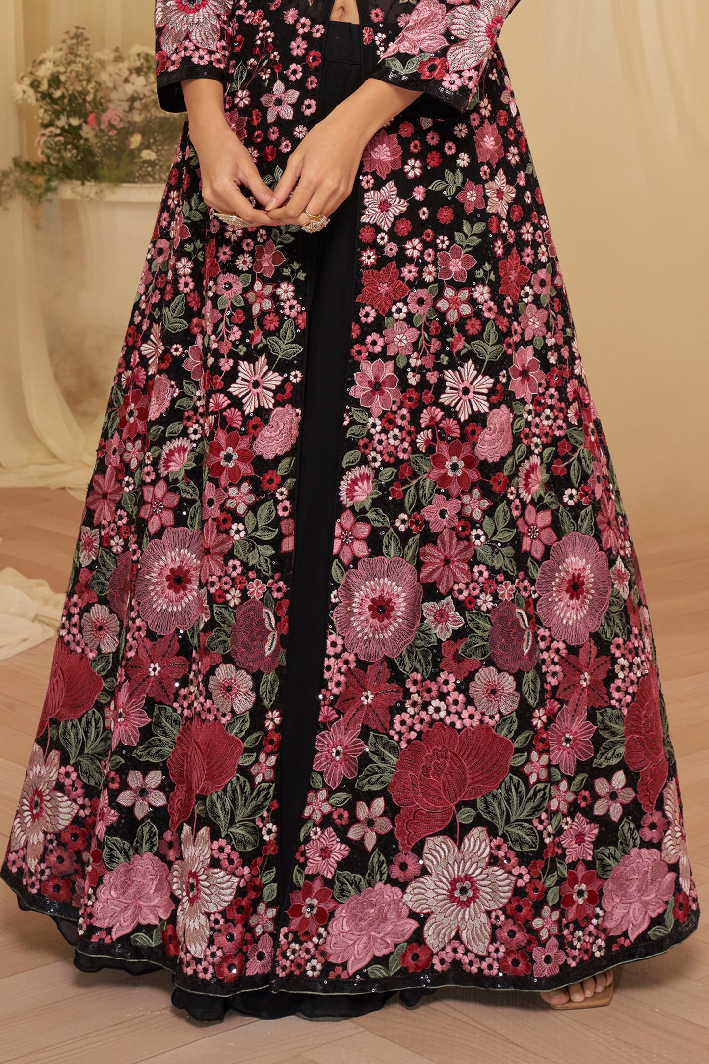 Black Readymade Embroidered Georgette Skirt Suit