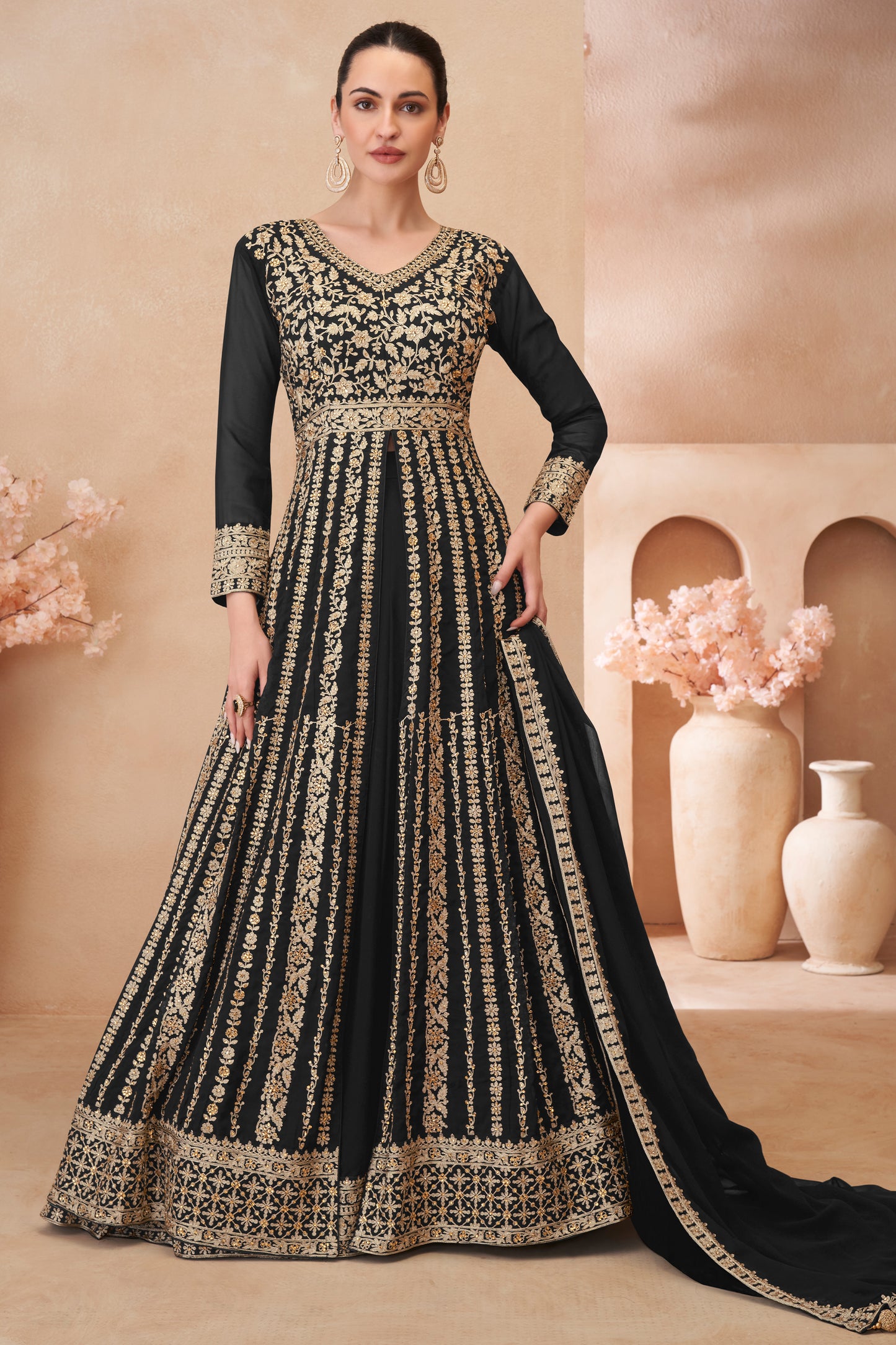 Black Readymade Embroidered Georgette Skirt Suit-SAR12179_1_SareeButa.com