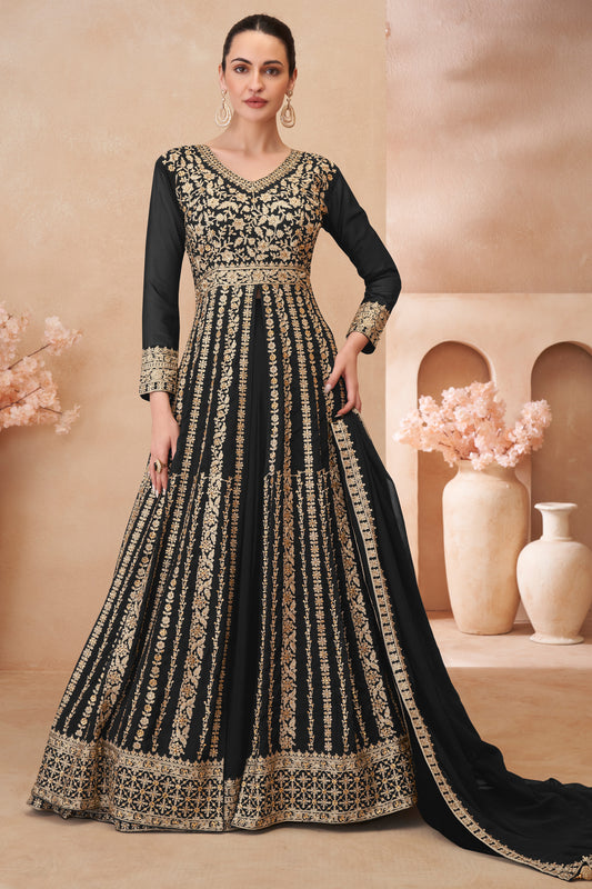 Black Readymade Embroidered Georgette Skirt Suit-SAR12179_1_SareeButa.com