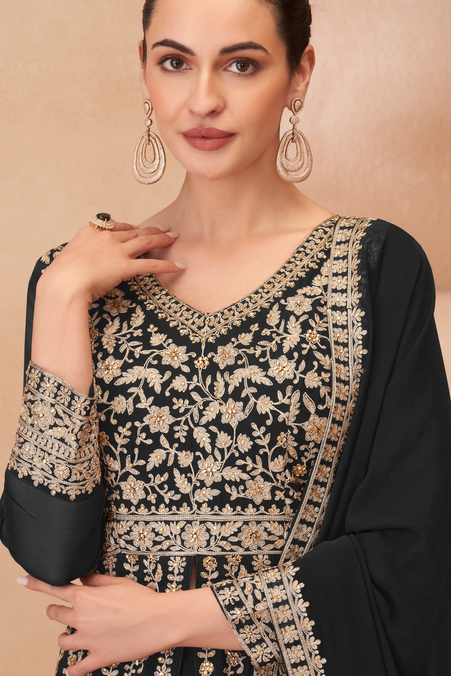 Black Readymade Embroidered Georgette Skirt Suit-SAR12179_2_SareeButa.com