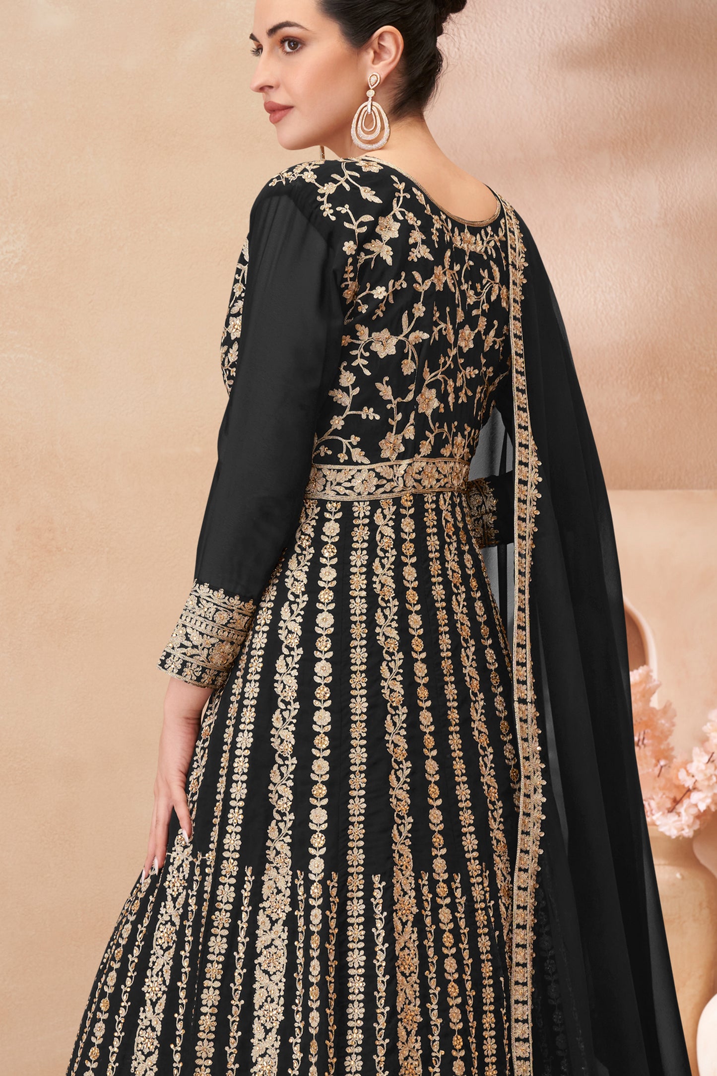 Black Readymade Embroidered Georgette Skirt Suit-SAR12179_3_SareeButa.com