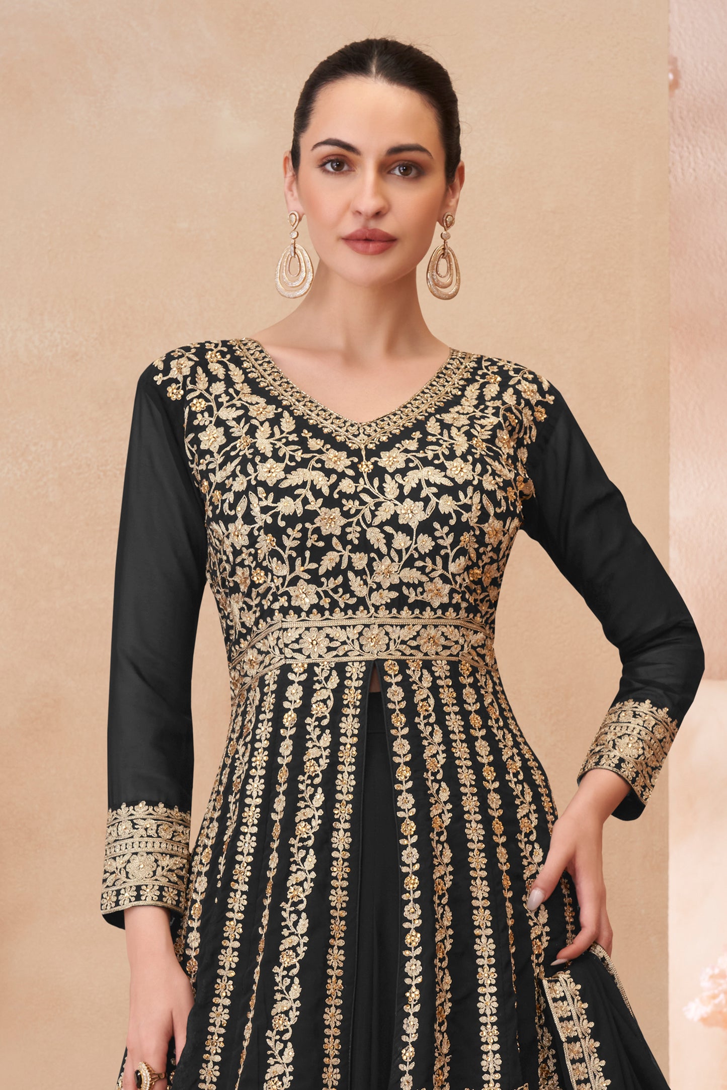 Black Readymade Embroidered Georgette Skirt Suit-SAR12179_4_SareeButa.com