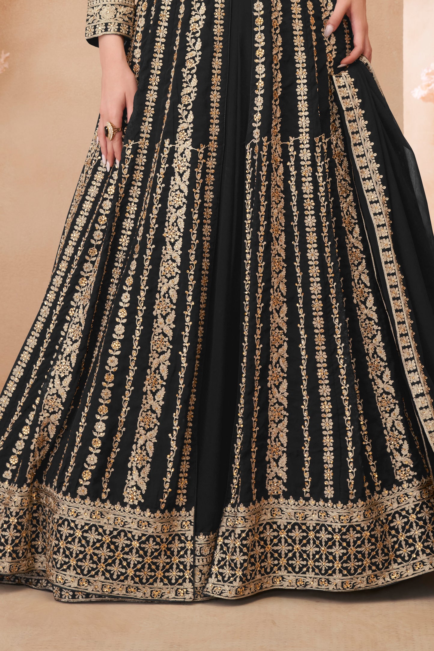 Black Readymade Embroidered Georgette Skirt Suit-SAR12179_5_SareeButa.com