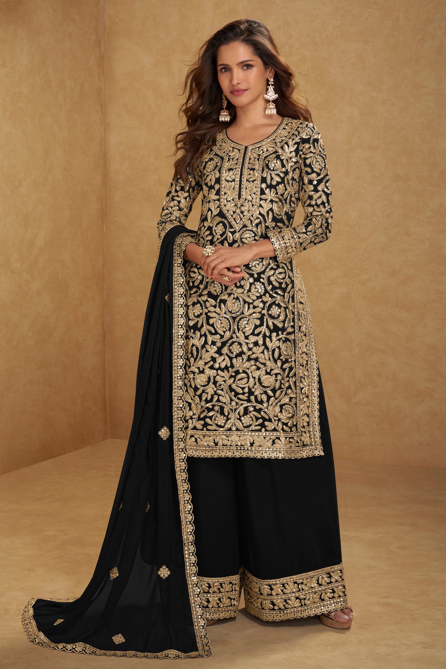 Black Readymade Embroidered Georgette Suit-SAR12207_1_SareeButa.com